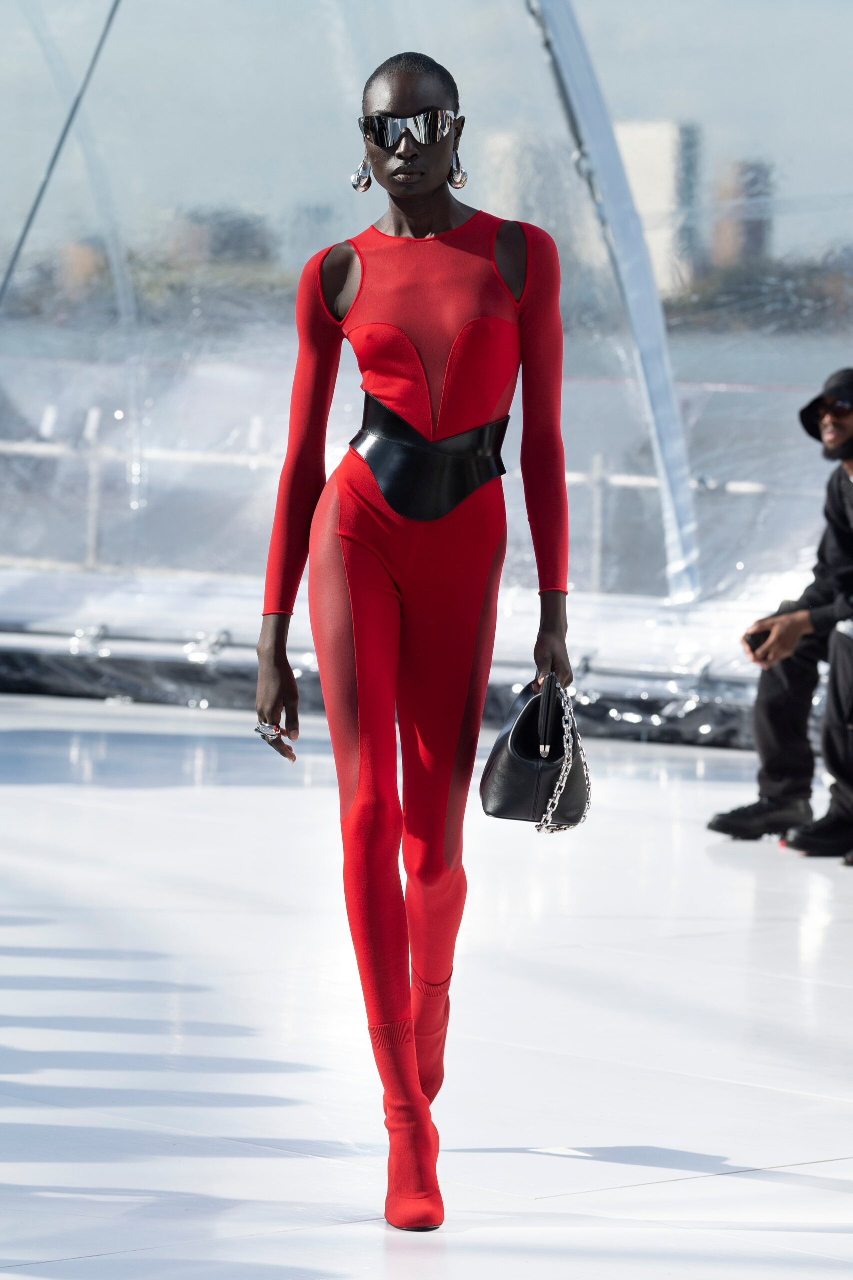 red fitted neoprene catsuit