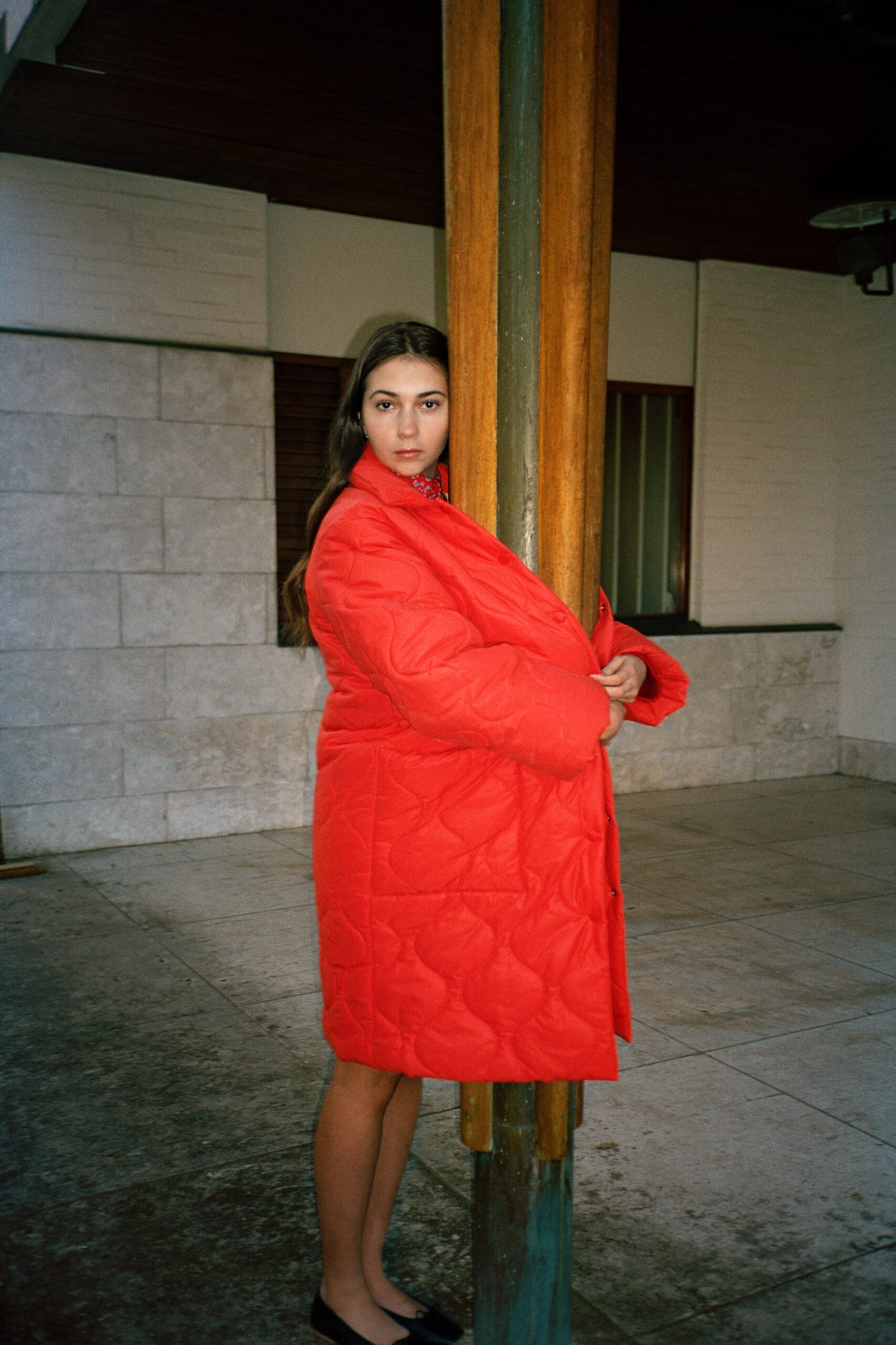 red oversized quilted coat
