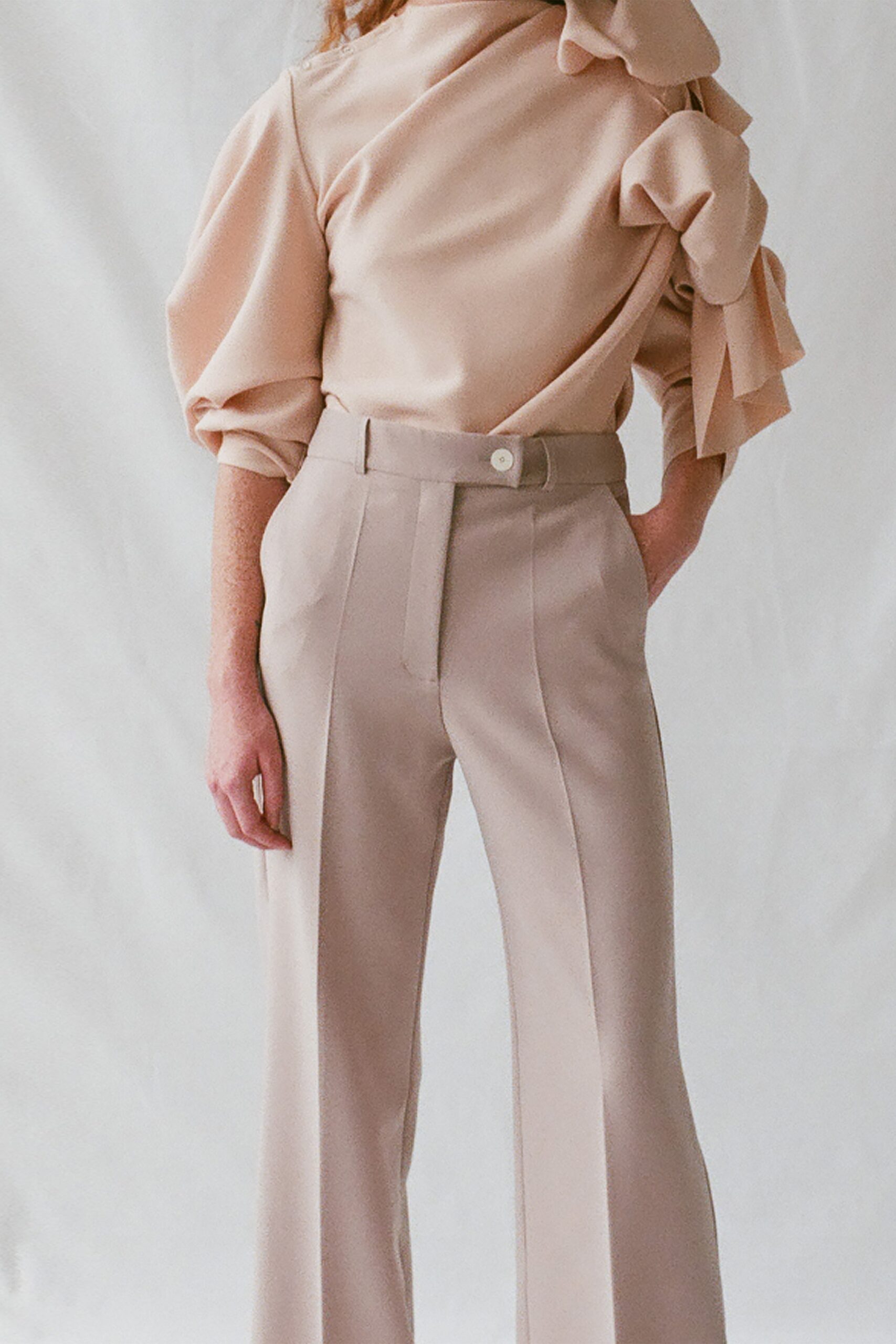 beige cotton tailored flared pants