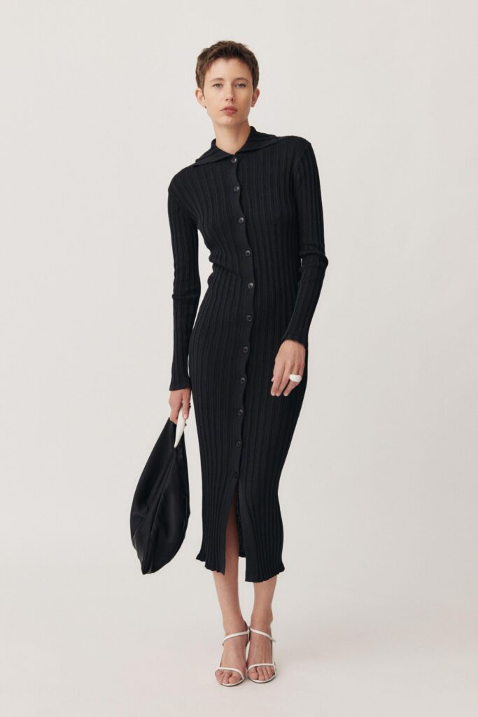 A fitted black cotton dress with long sleeves, a collared neckline, and a buttoned front.