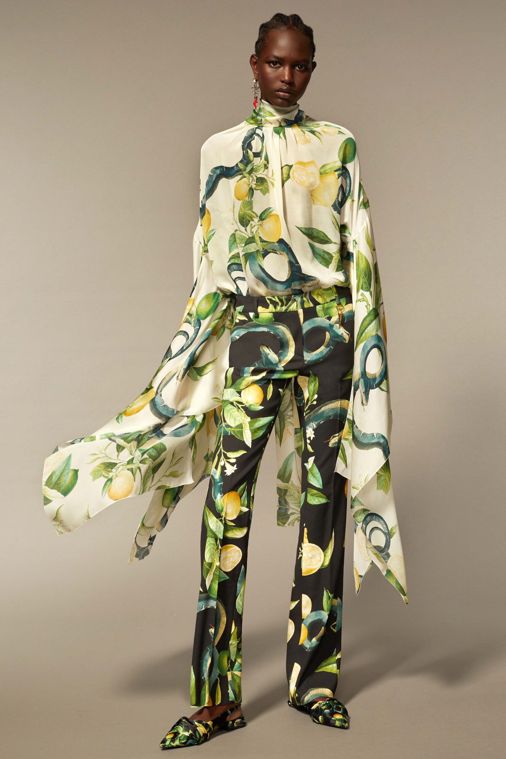 printed silk blouse and pants