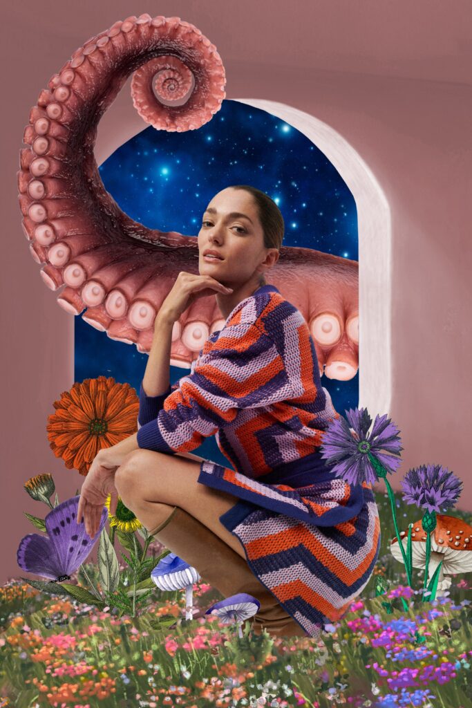 A fitted blue and orange striped dress with long sleeves and a V-neckline.
