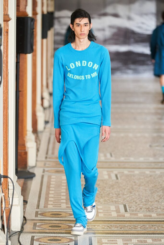 blue fitted top and pants