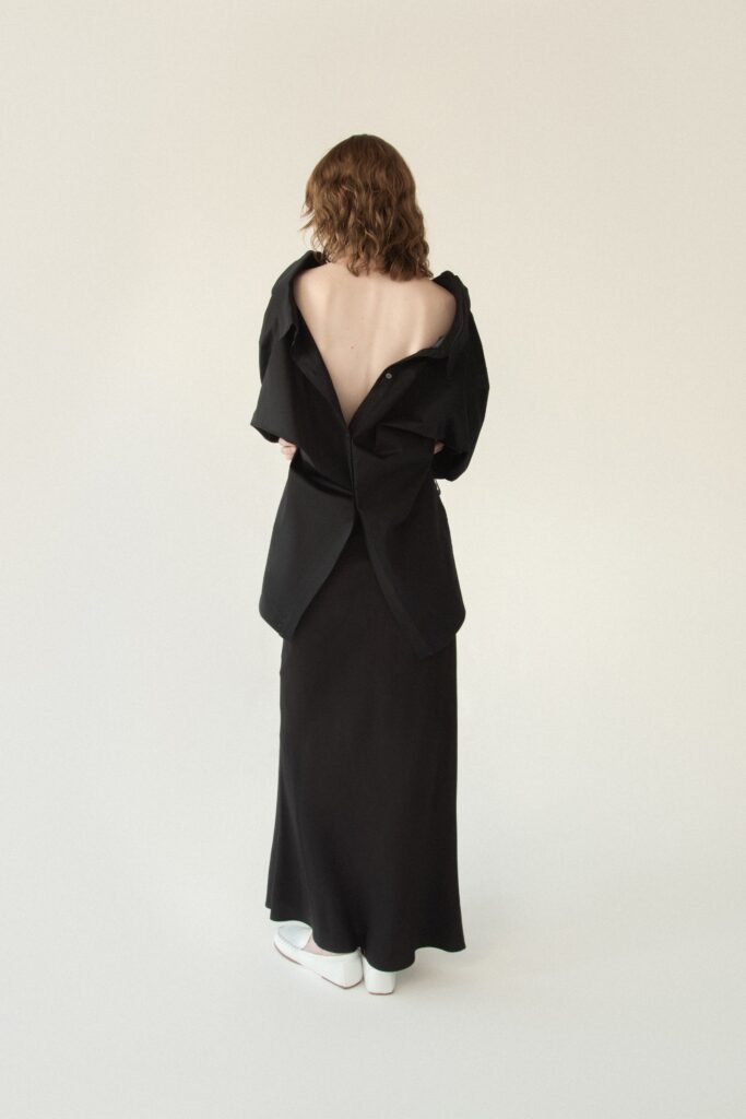 black silk maxi dress with oversized jacket