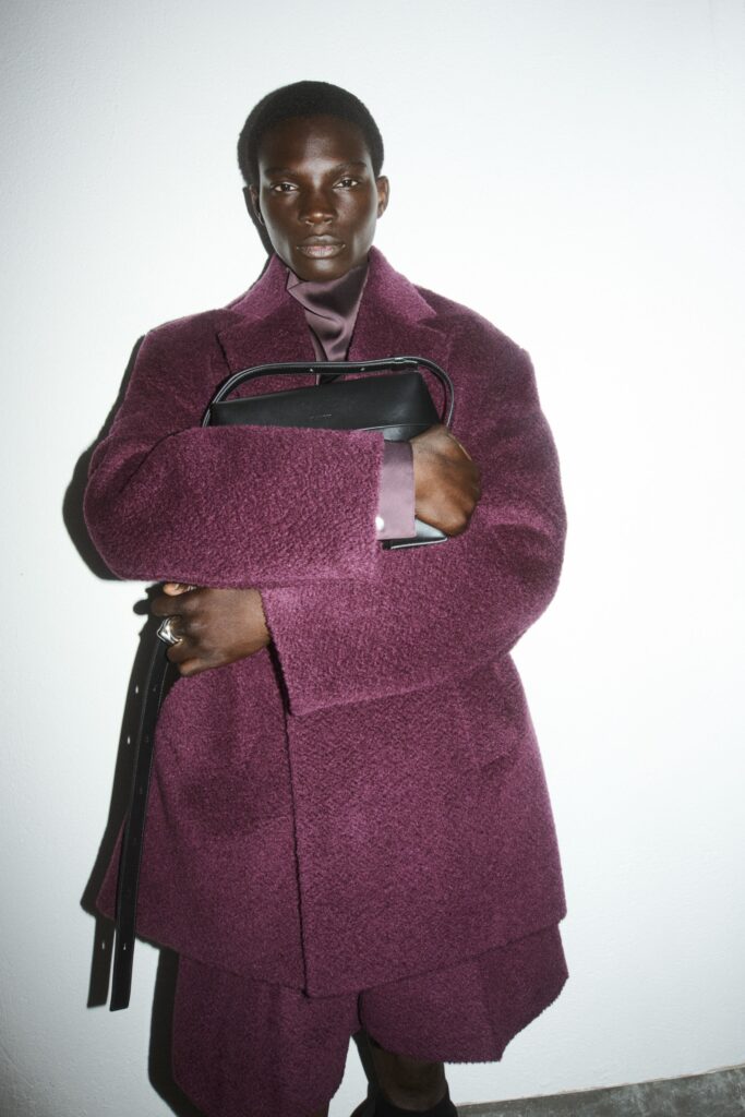 purple oversized coat with shorts