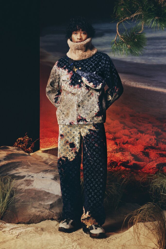 A relaxed-fit multicolor printed jacket paired with matching pants, featuring a long-sleeve and collared design.