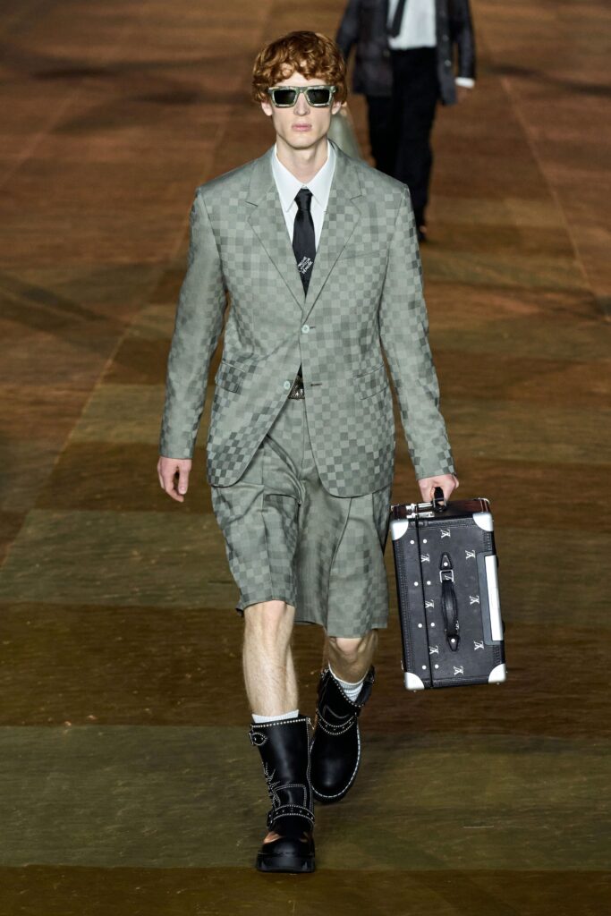 gray checked suit with shorts