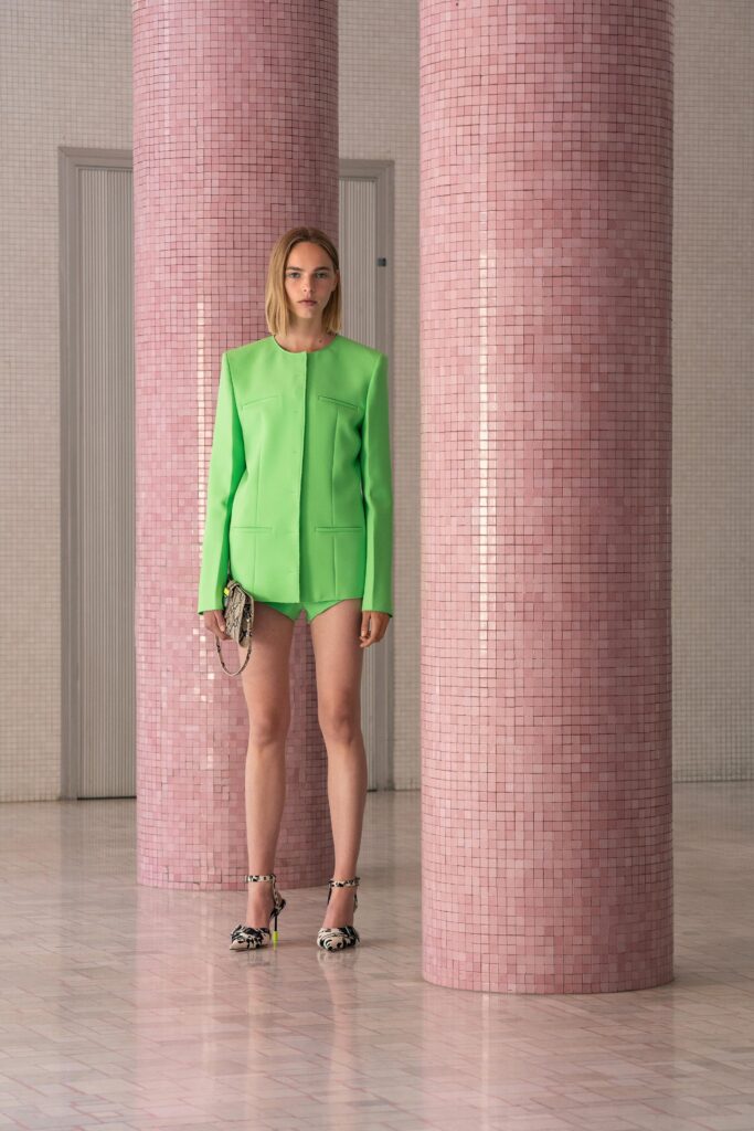 green vinyl blazer and shorts