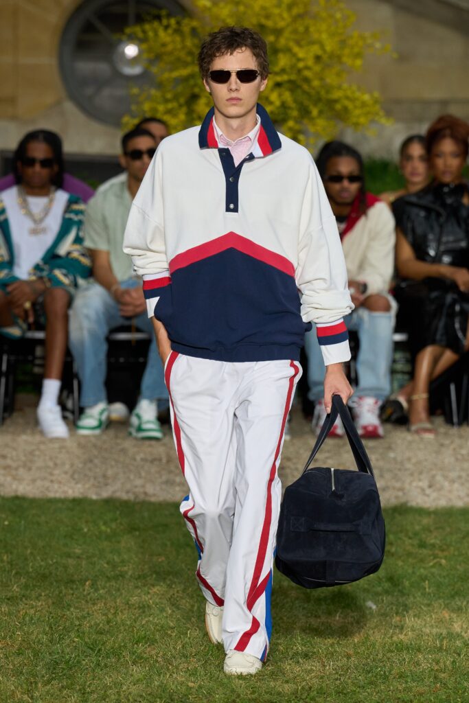 A relaxed fit color-blocked sweater with long sleeves paired with matching pants.
