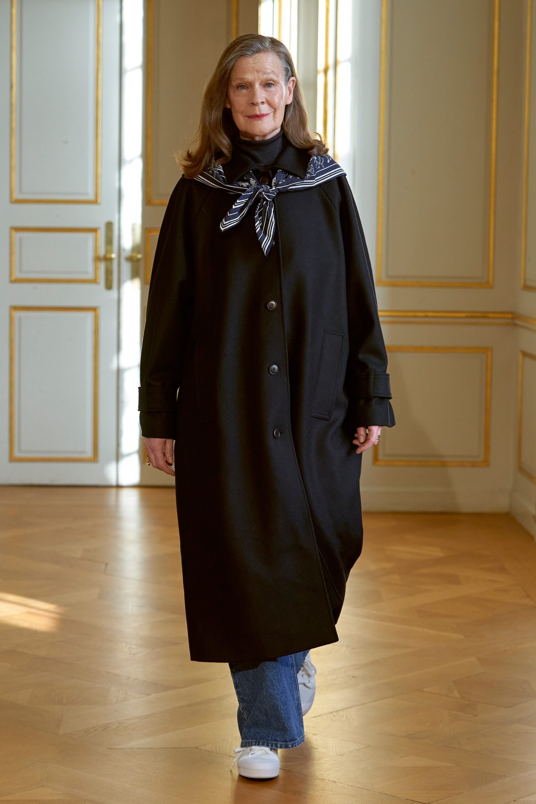 black wool coat with denim pants