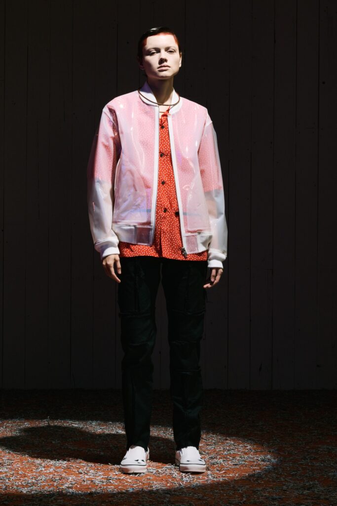 white vinyl jacket with red top