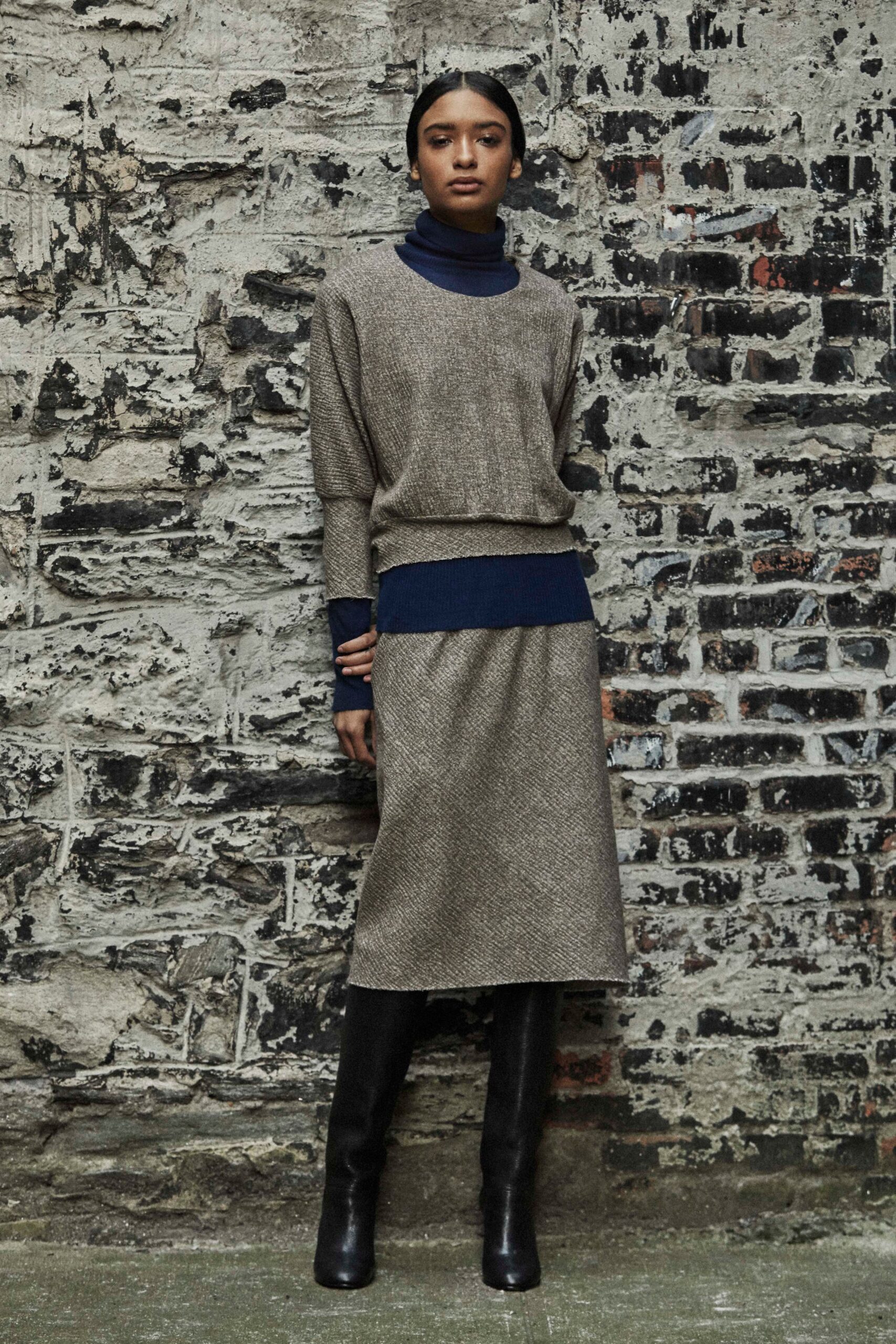 beige wool relaxed top with midi skirt