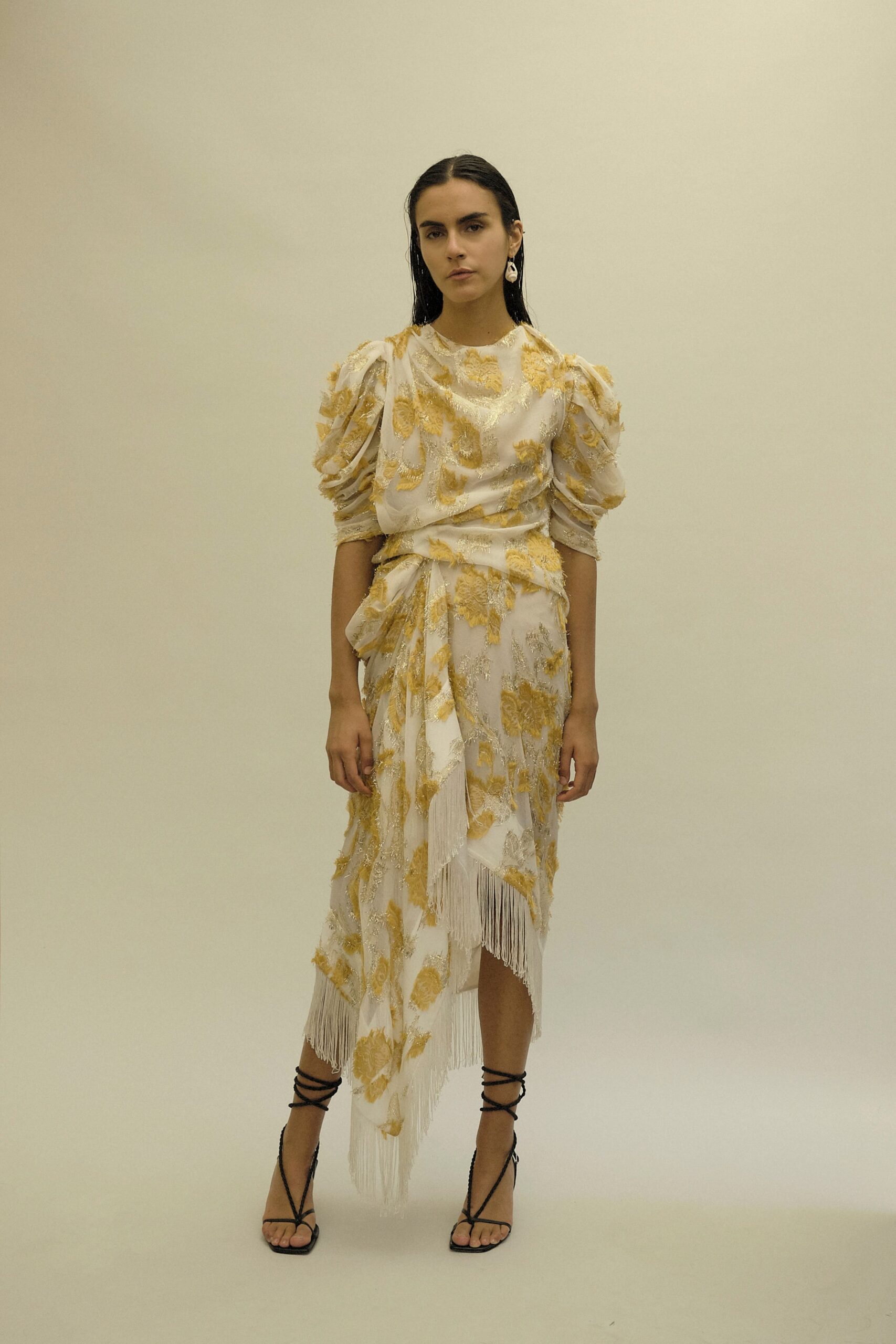 white and yellow asymmetric dress