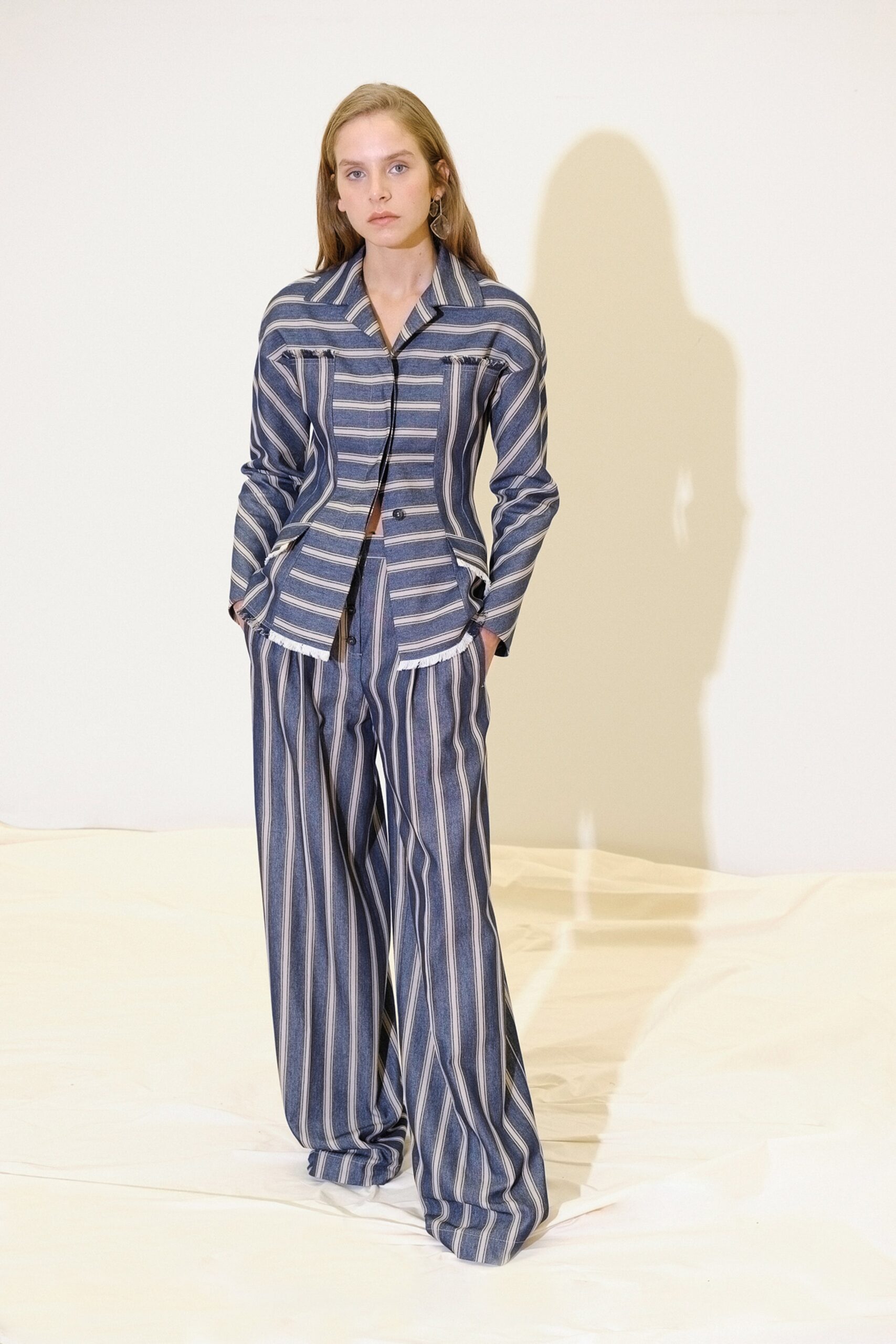 blue cotton long-sleeve collared tailored striped jacket