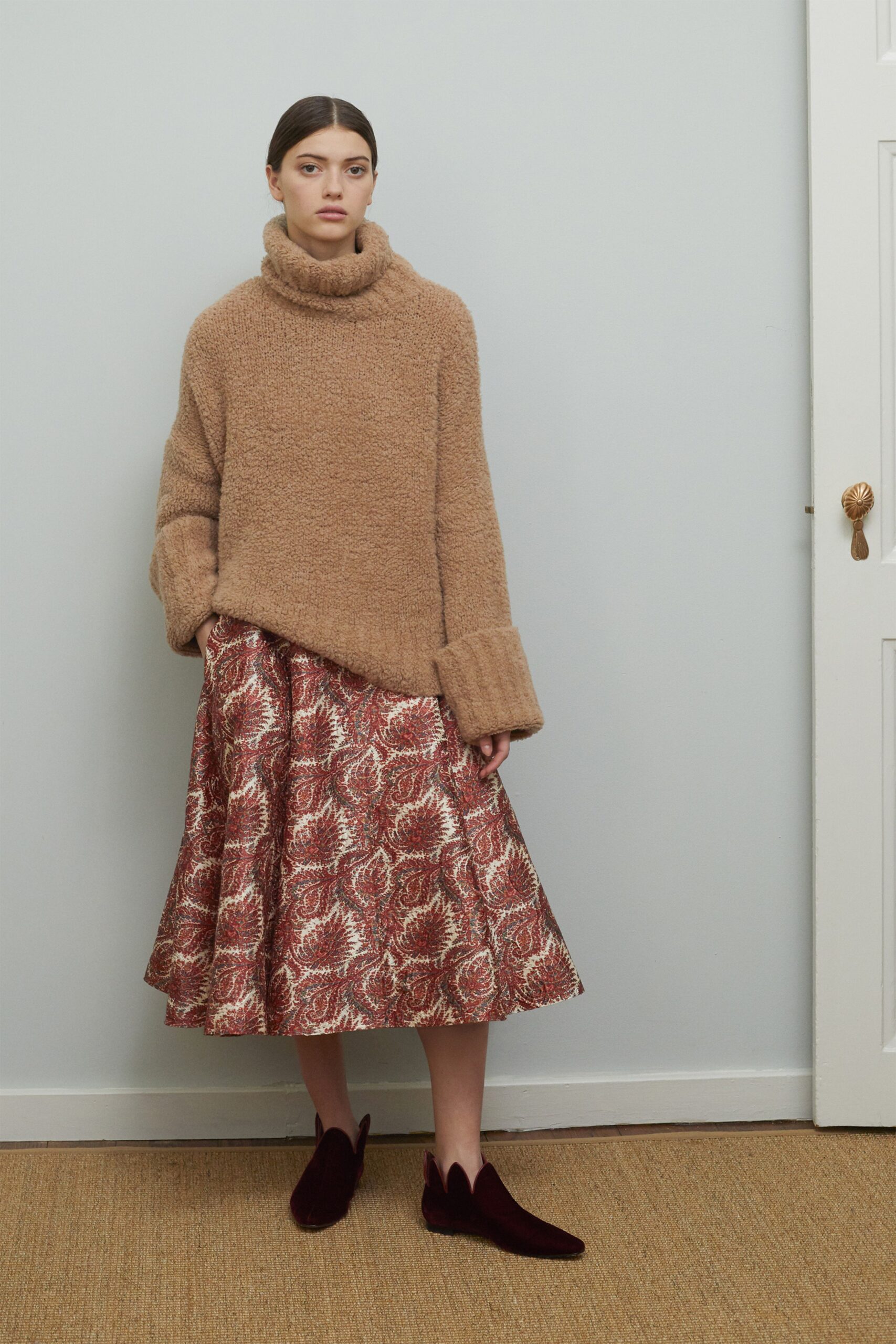 red fitted flared printed midi skirt