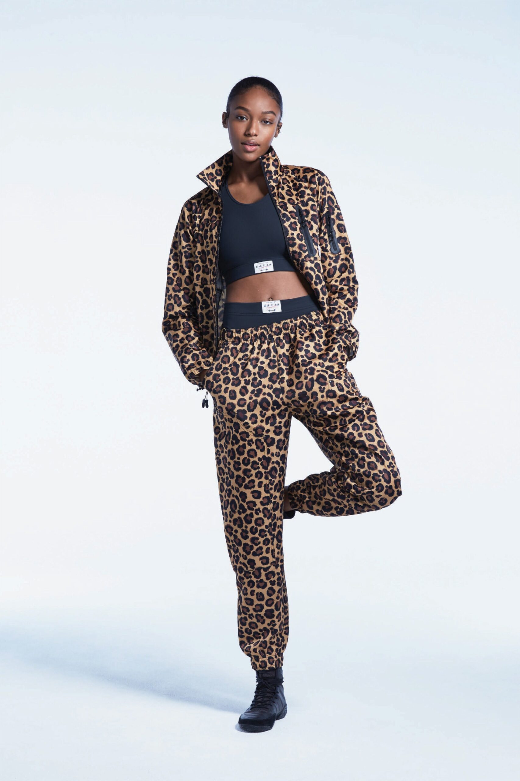 brown printed jacket with black top