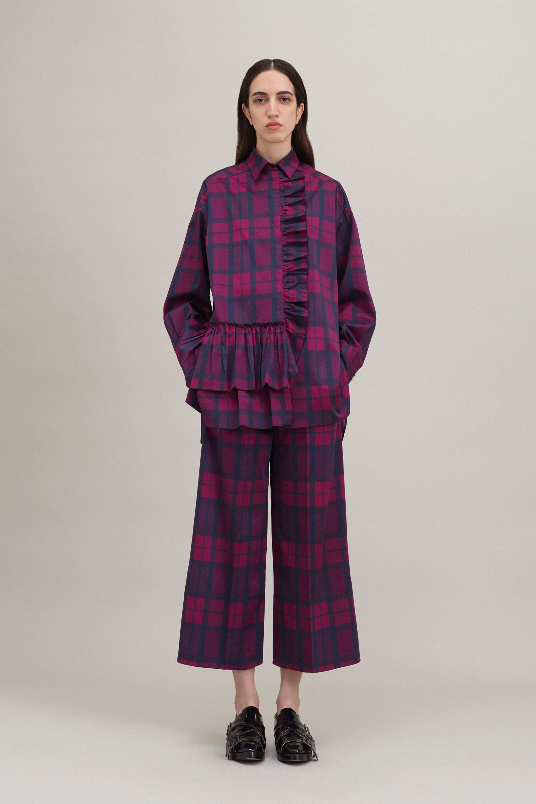 purple and pink checked outfit