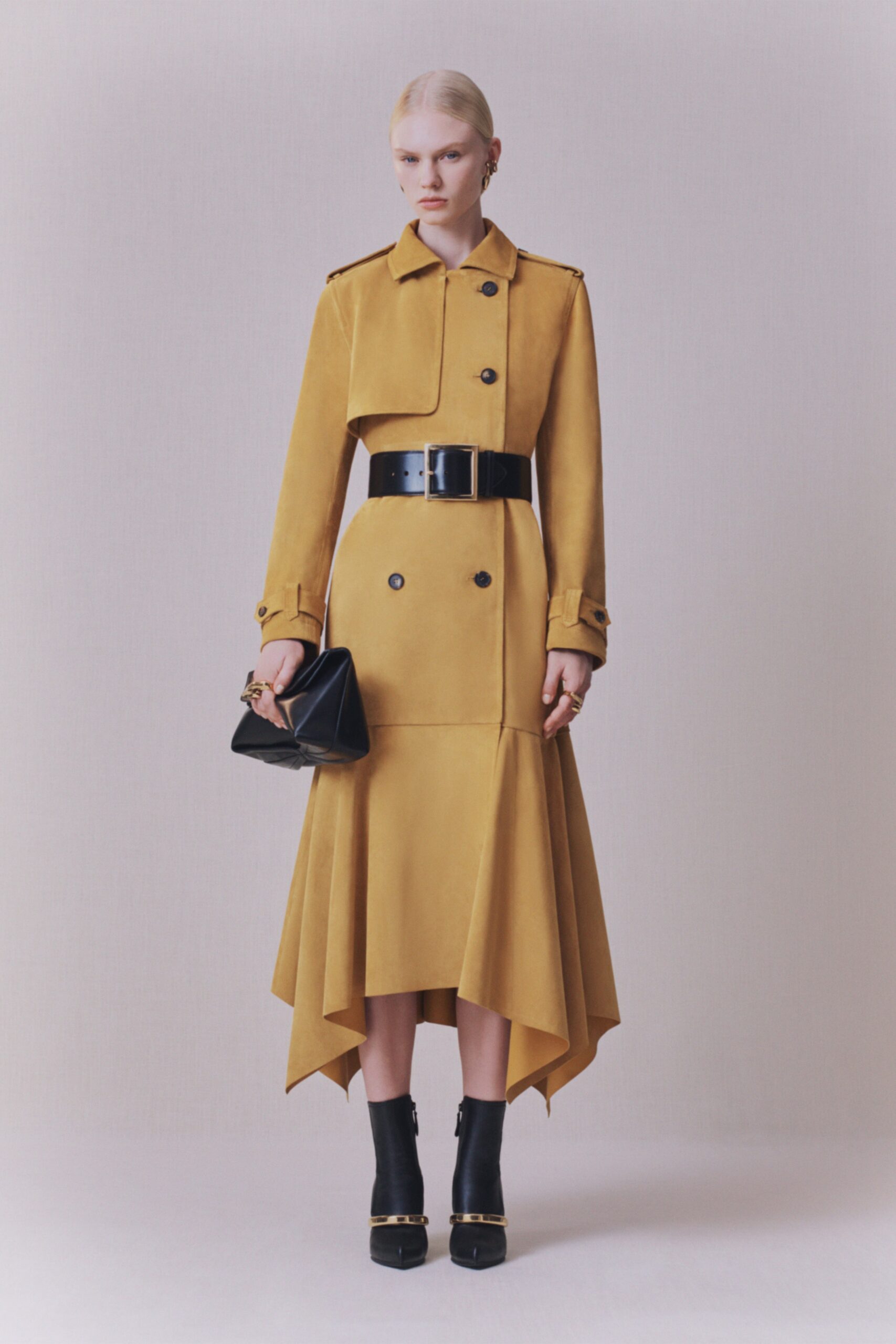 fitted yellow suede trench coat