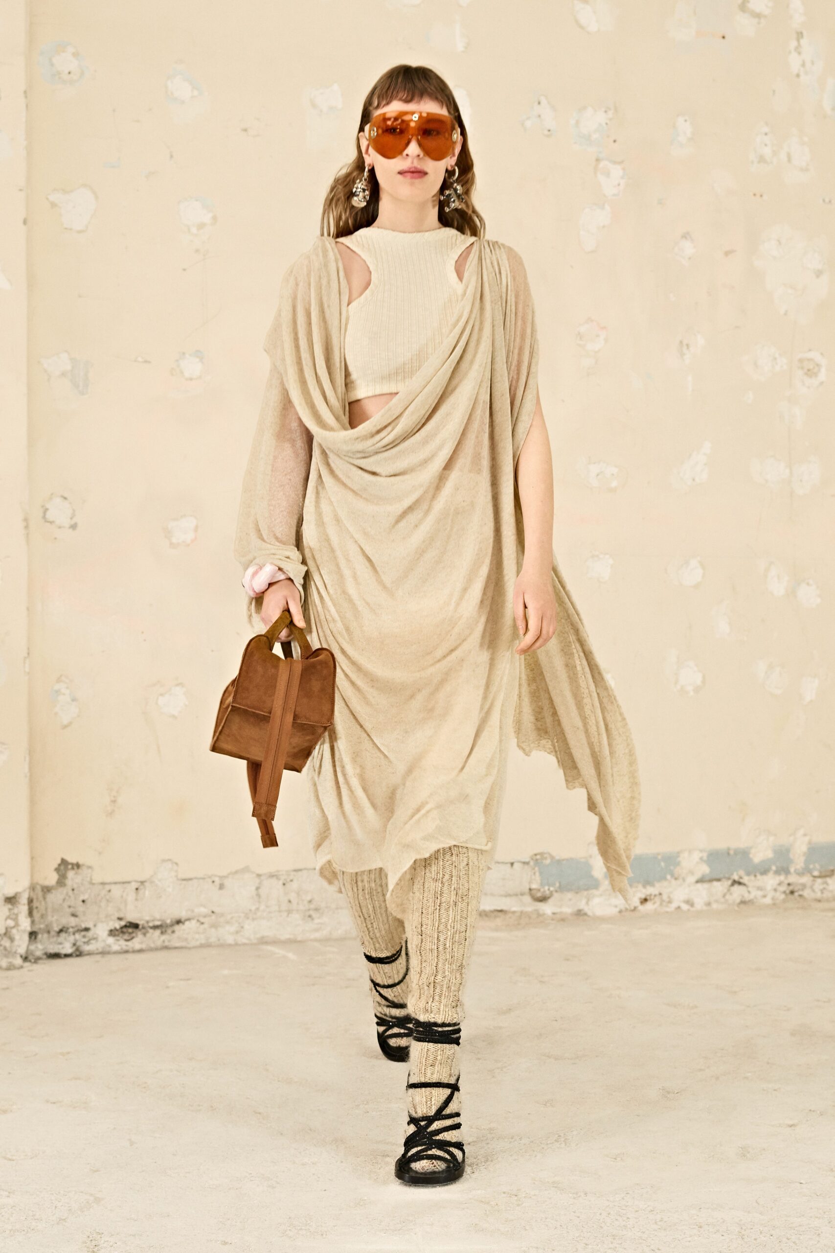 beige draped midi dress with ribbed pants