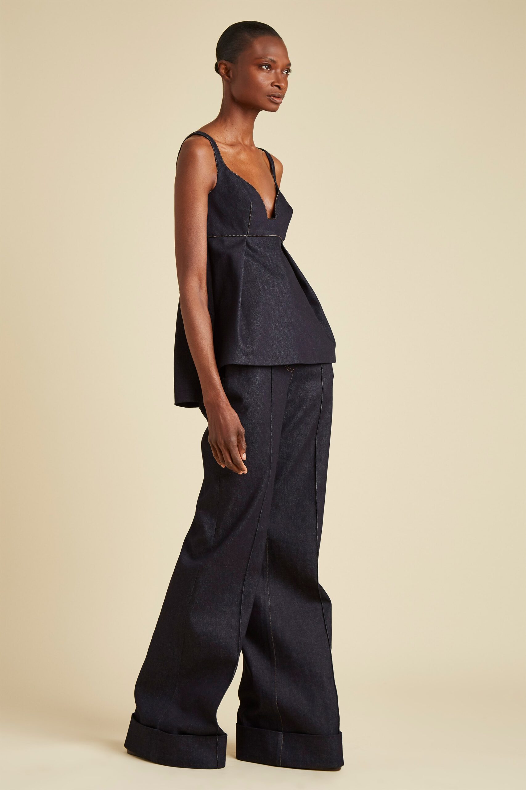 blue denim sleeveless top and wide-leg pants