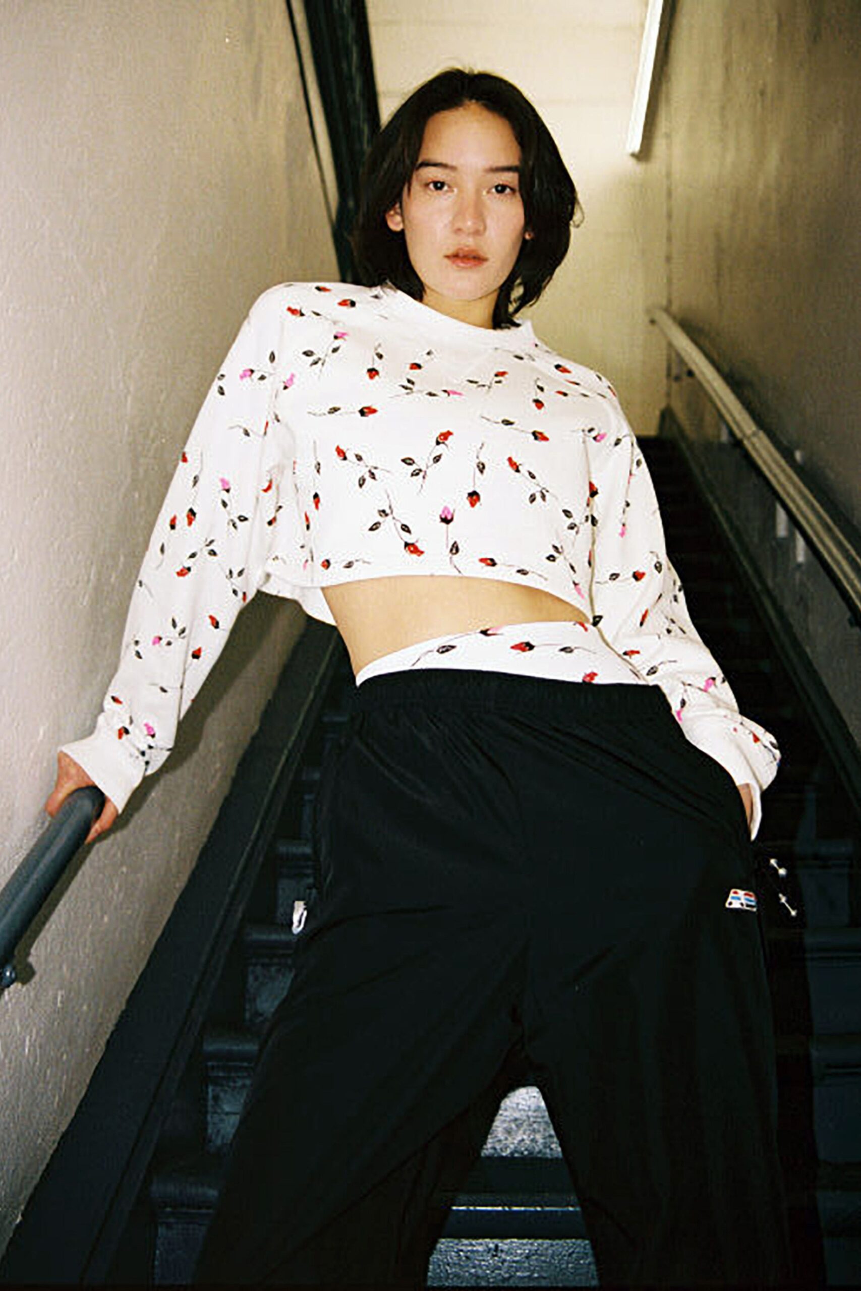 white cotton long-sleeve high-neck fitted embroidered cropped top