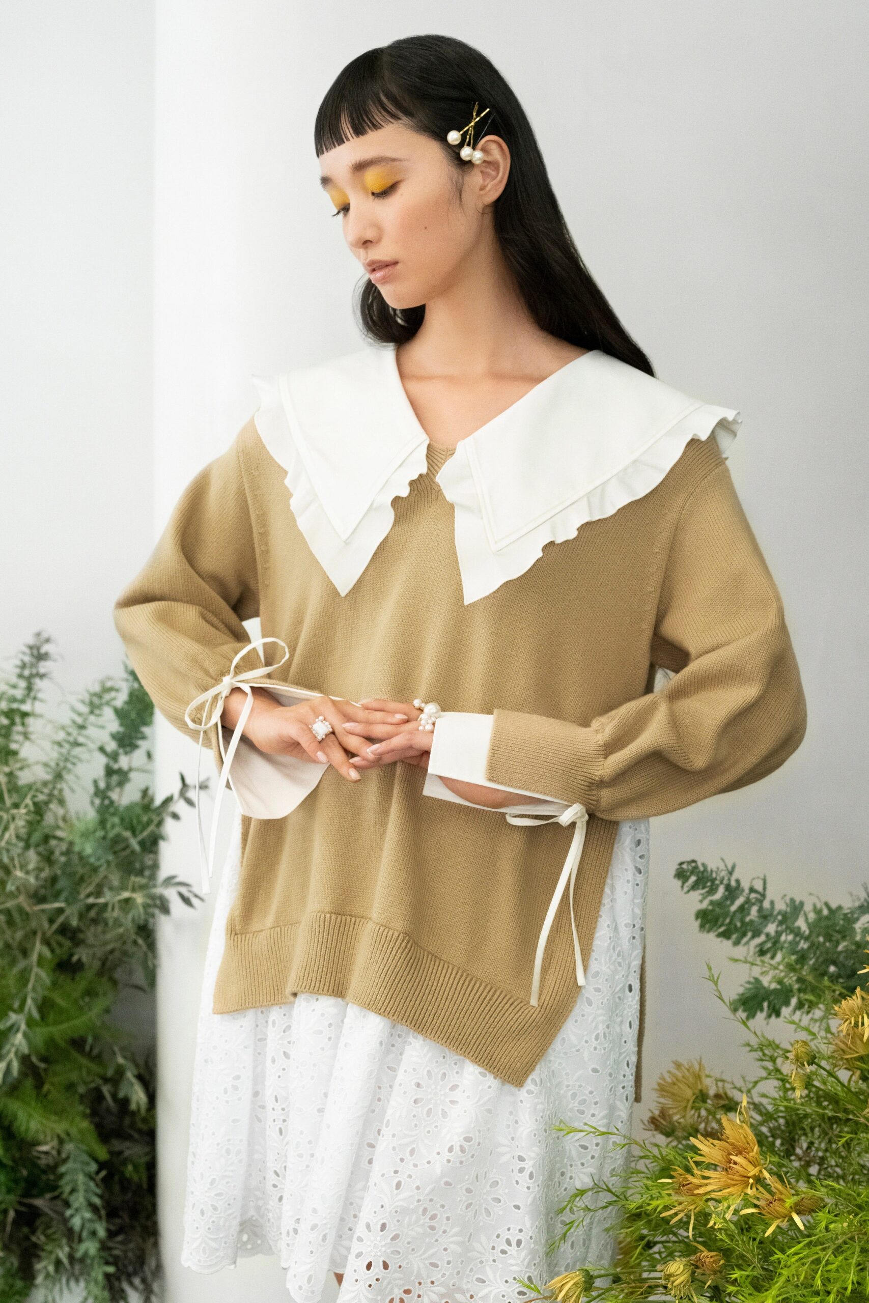 beige cotton long-sleeve v-neck relaxed layered short sweater