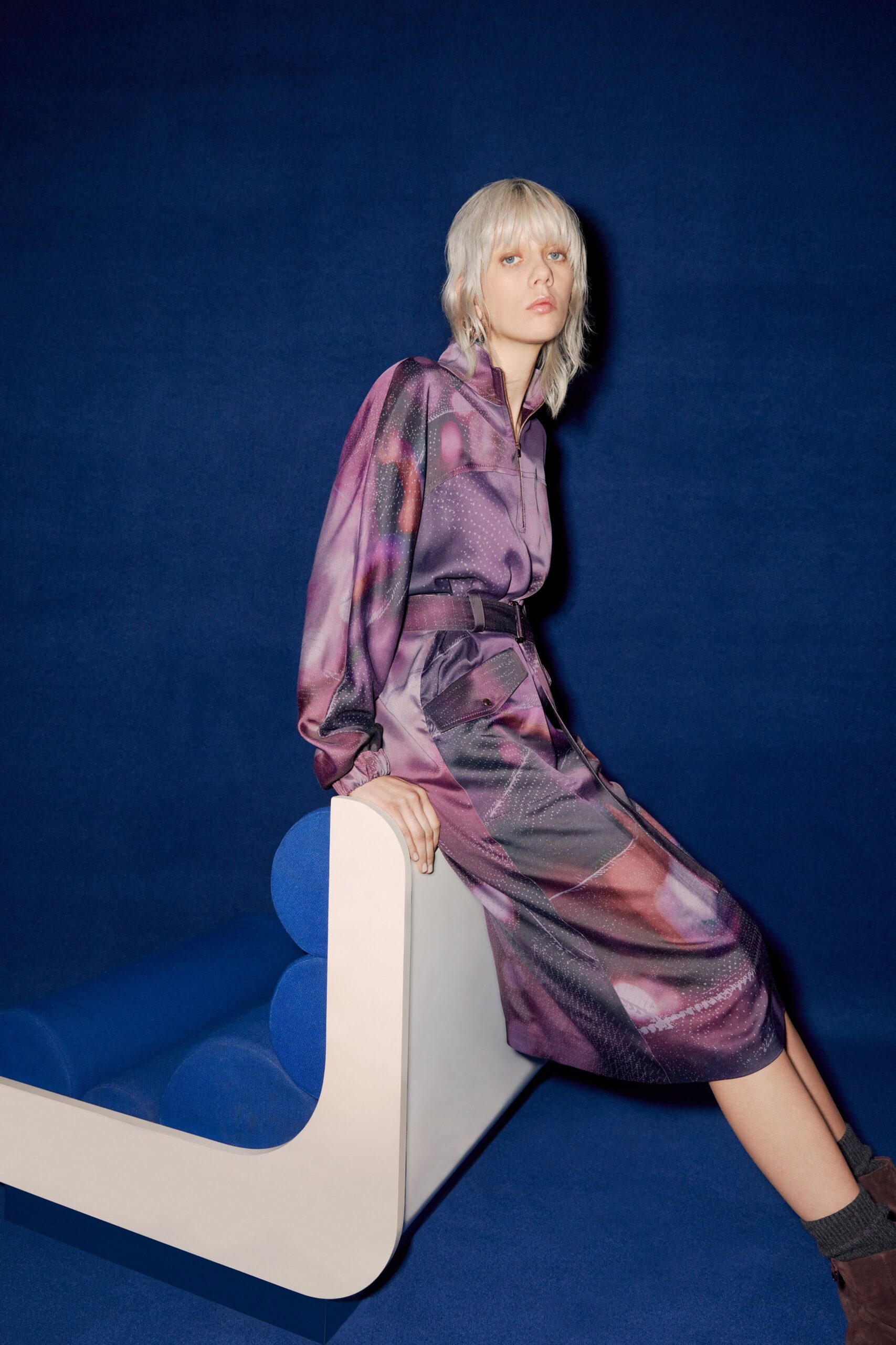 relaxed purple printed midi dress