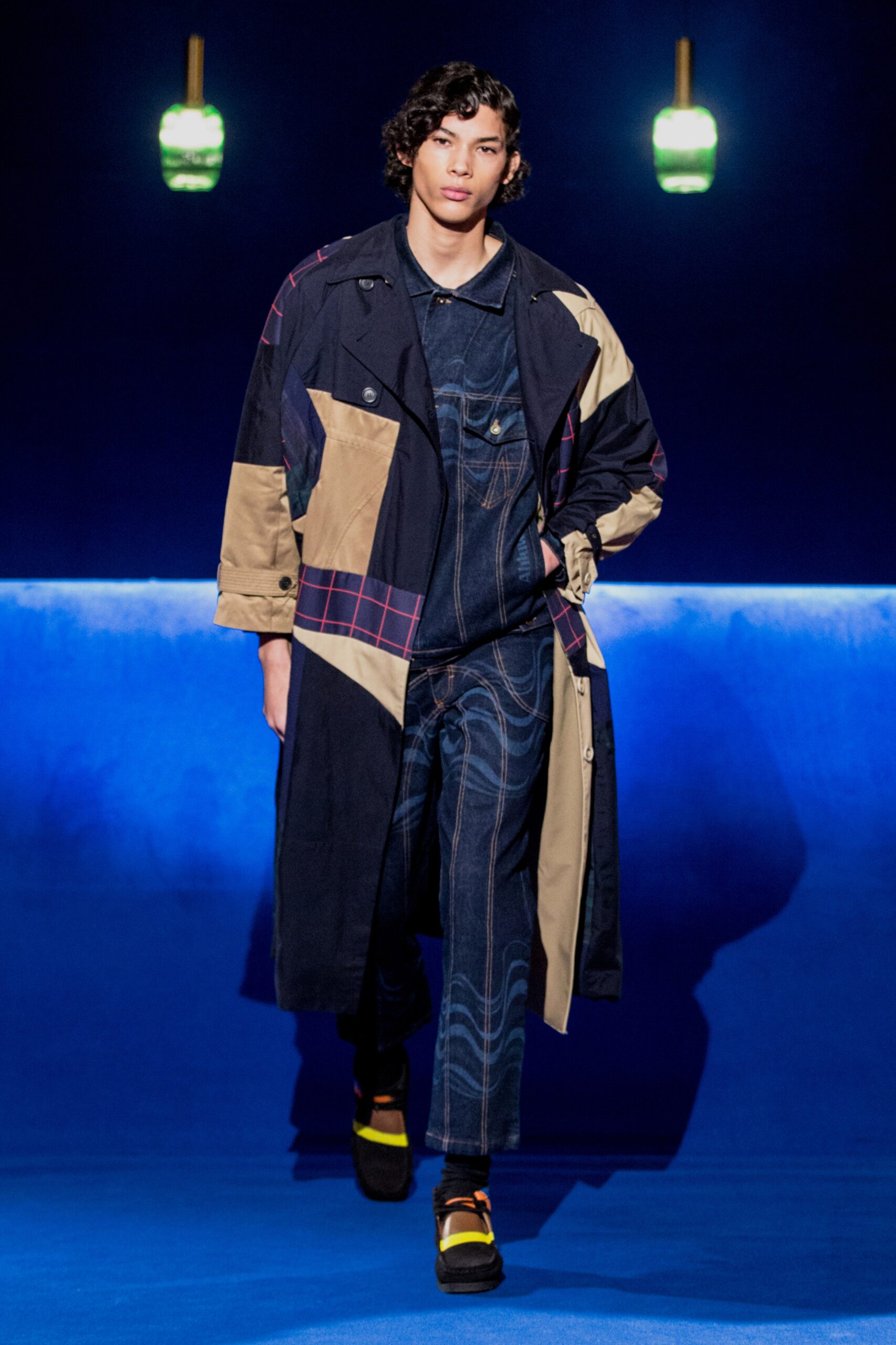 blue and beige color-blocked coat