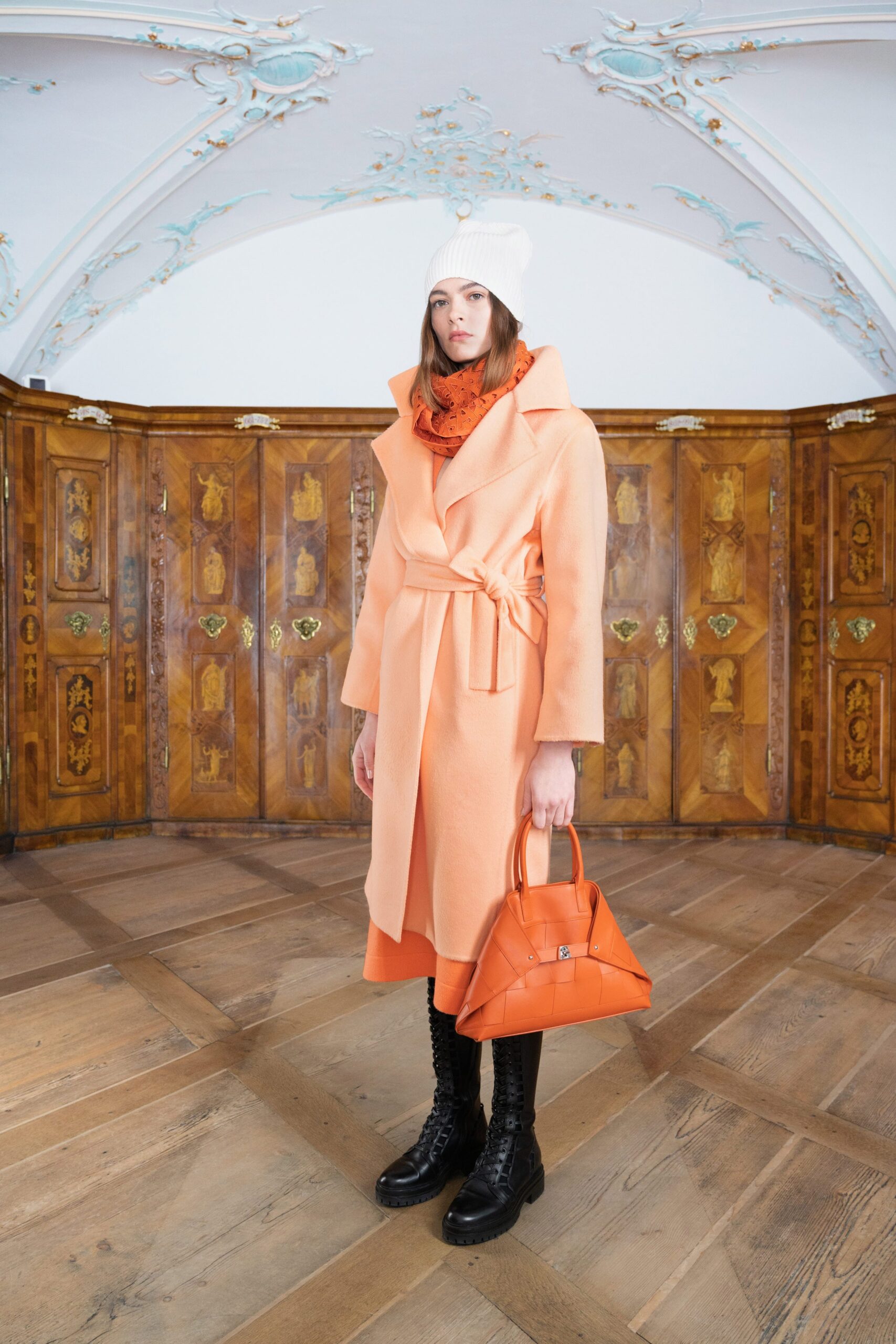 orange wool long-sleeve collared fitted belted draped coat