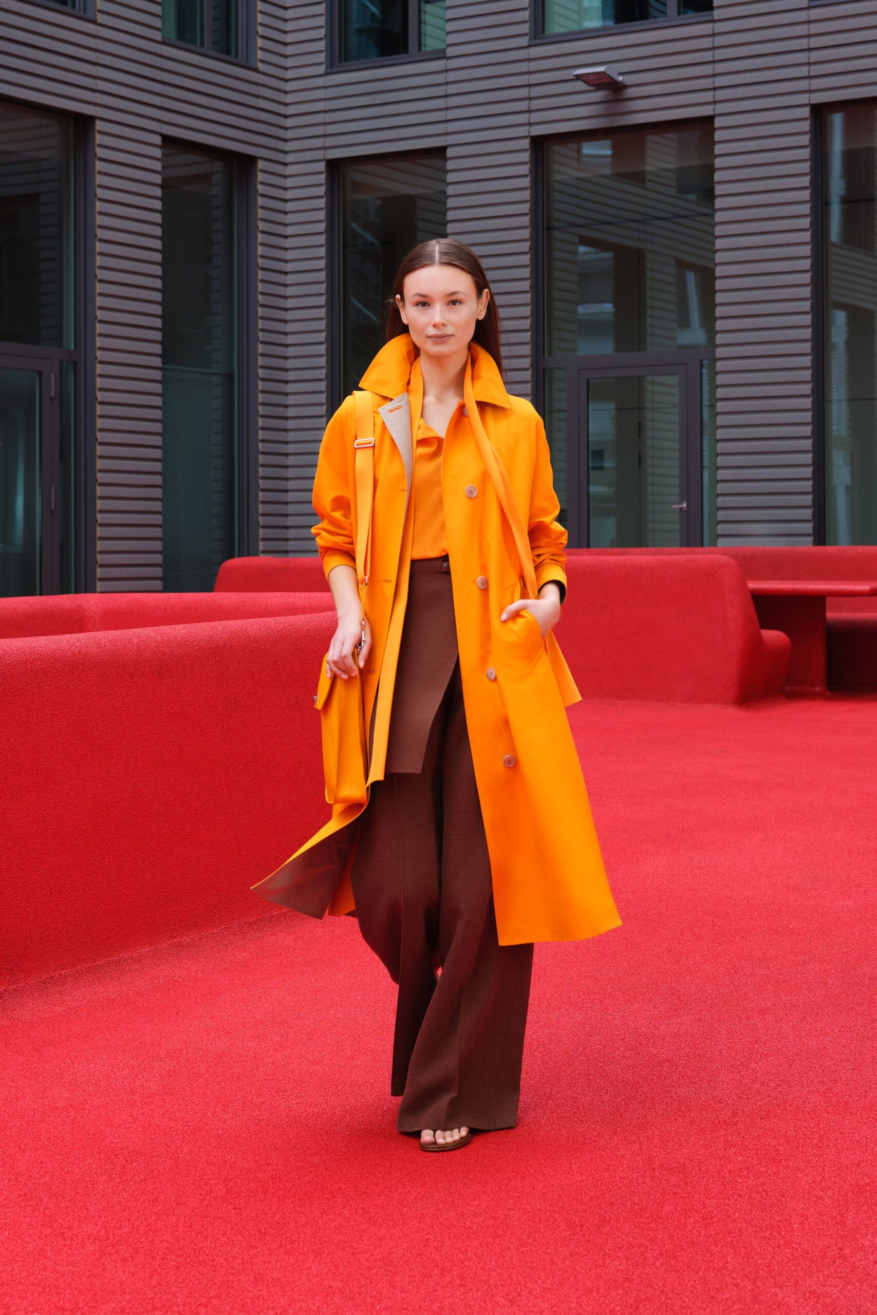 orange cotton long-sleeve collared relaxed buttoned coat