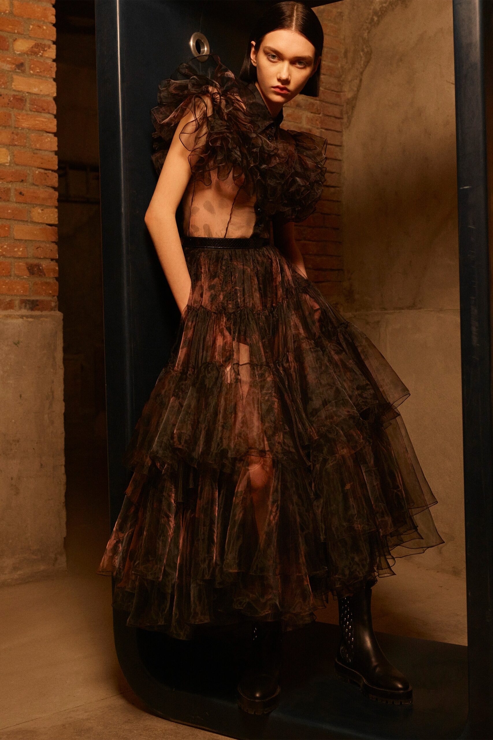 black and brown tiered ruffled dress