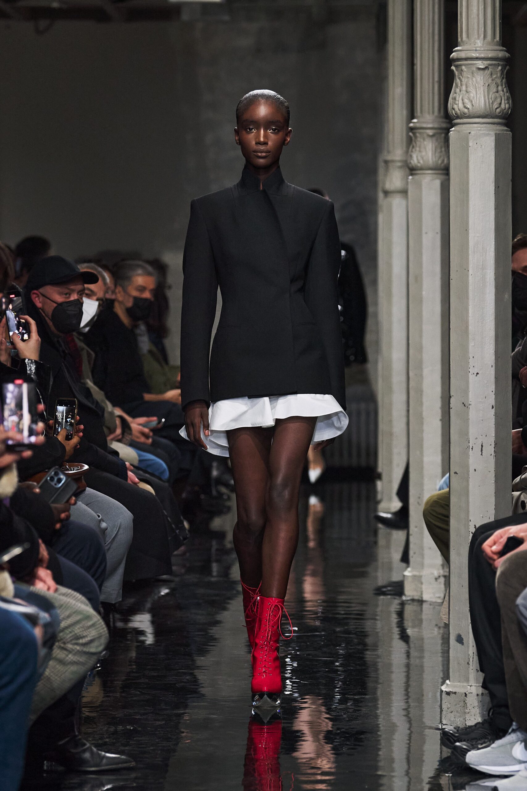 red leather fitted zippered shiny boots