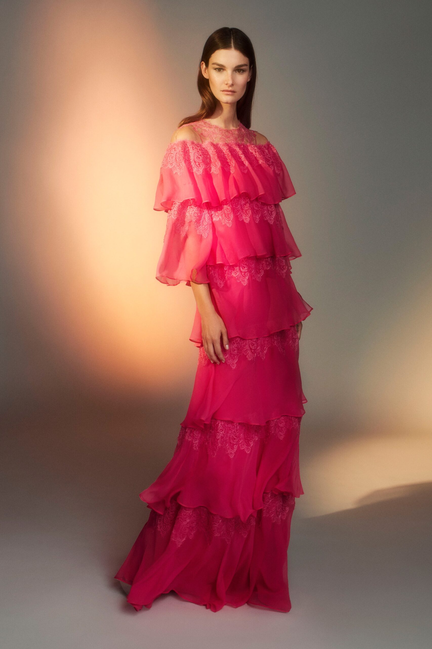 pink silk off-shoulder gown