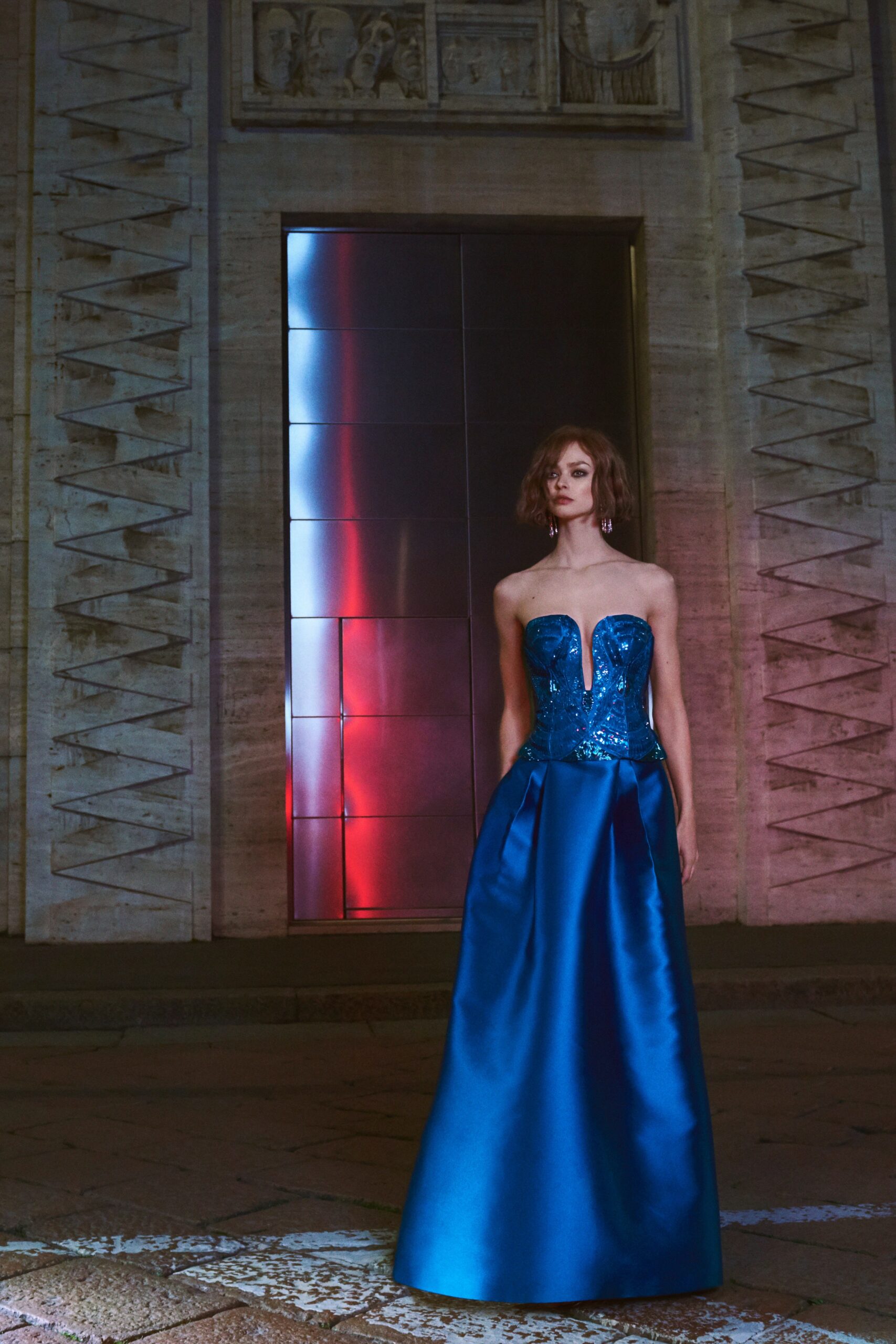 blue silk strapless gown