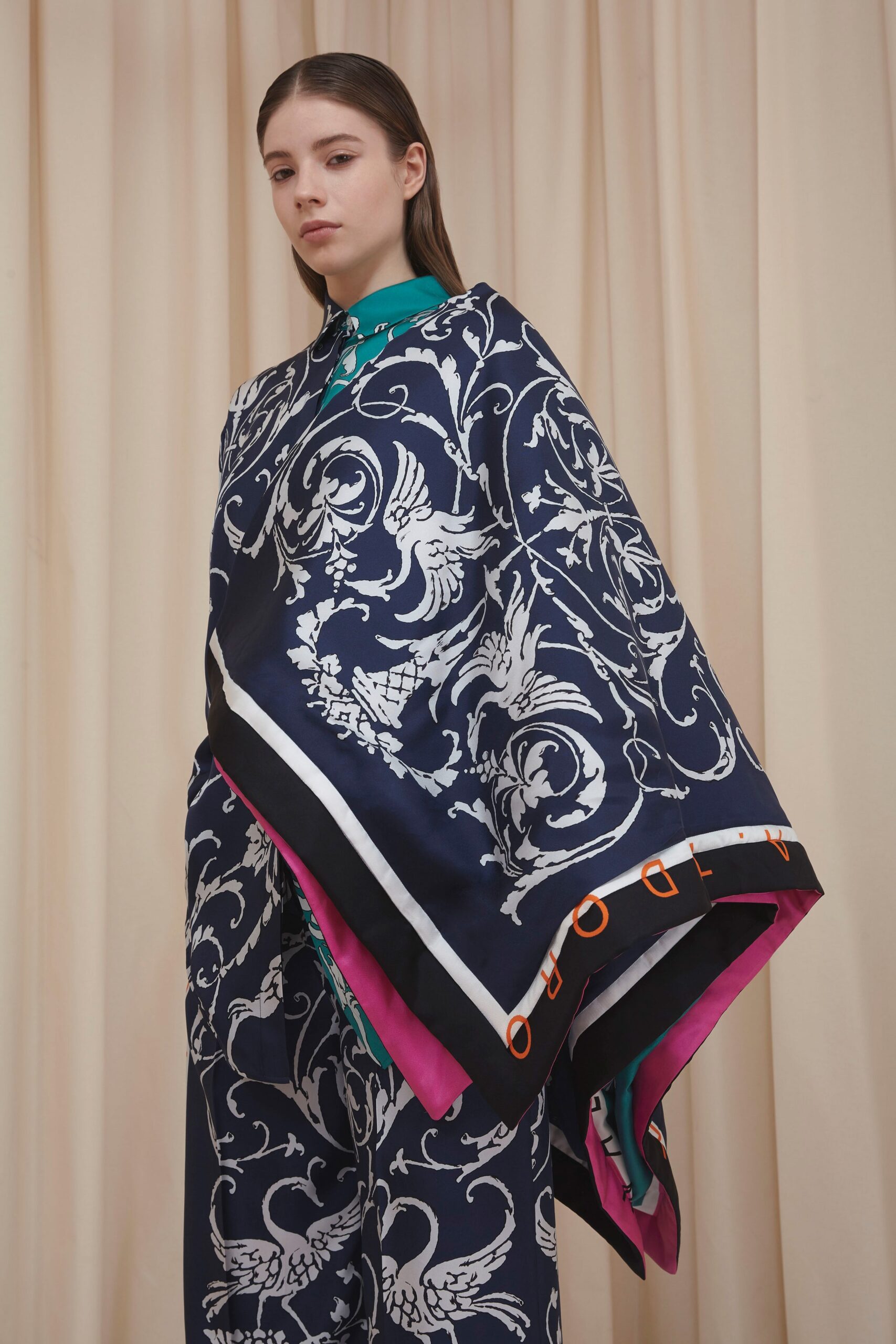 blue printed silk poncho and pants