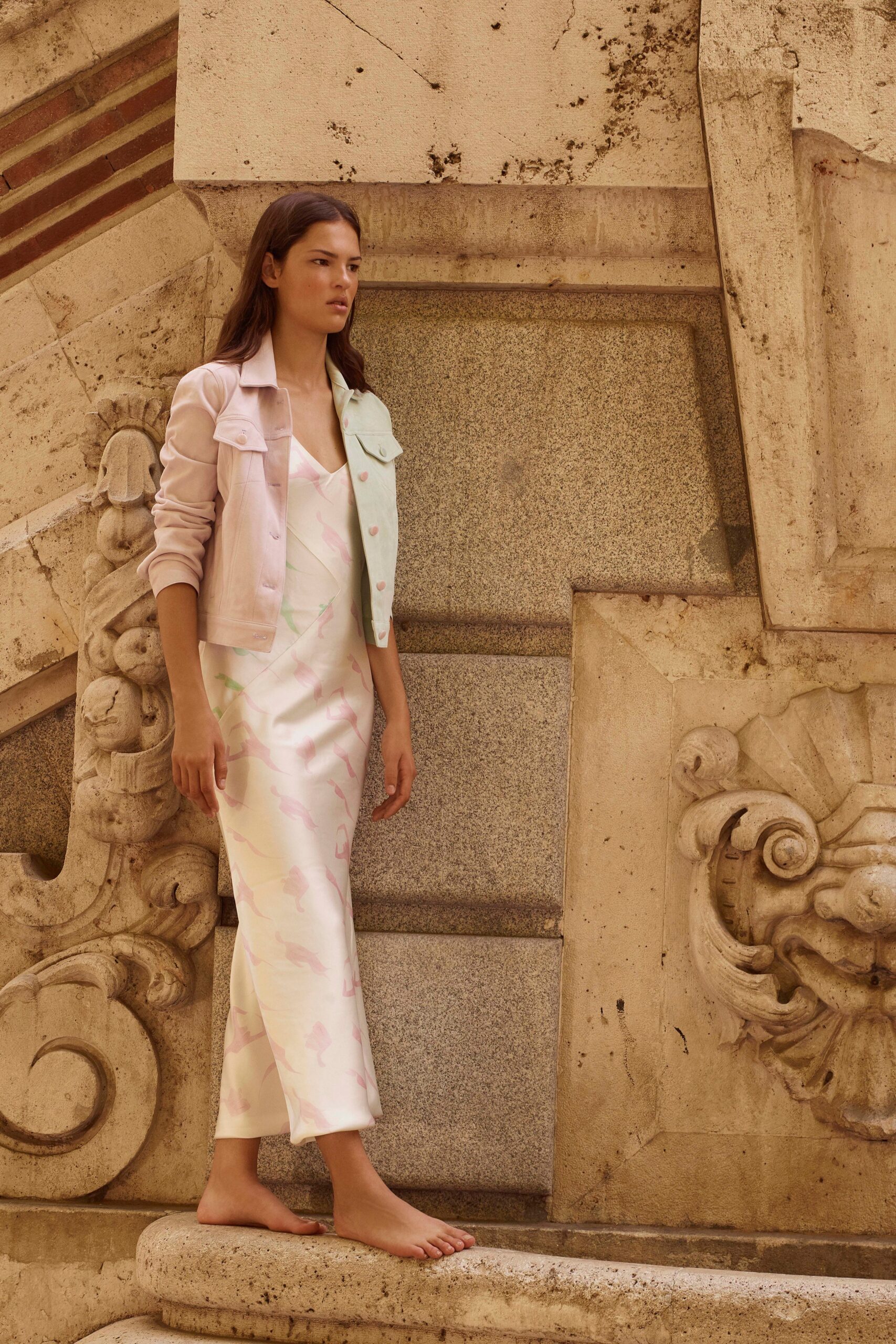 white pink silk midi dress with beige jacket