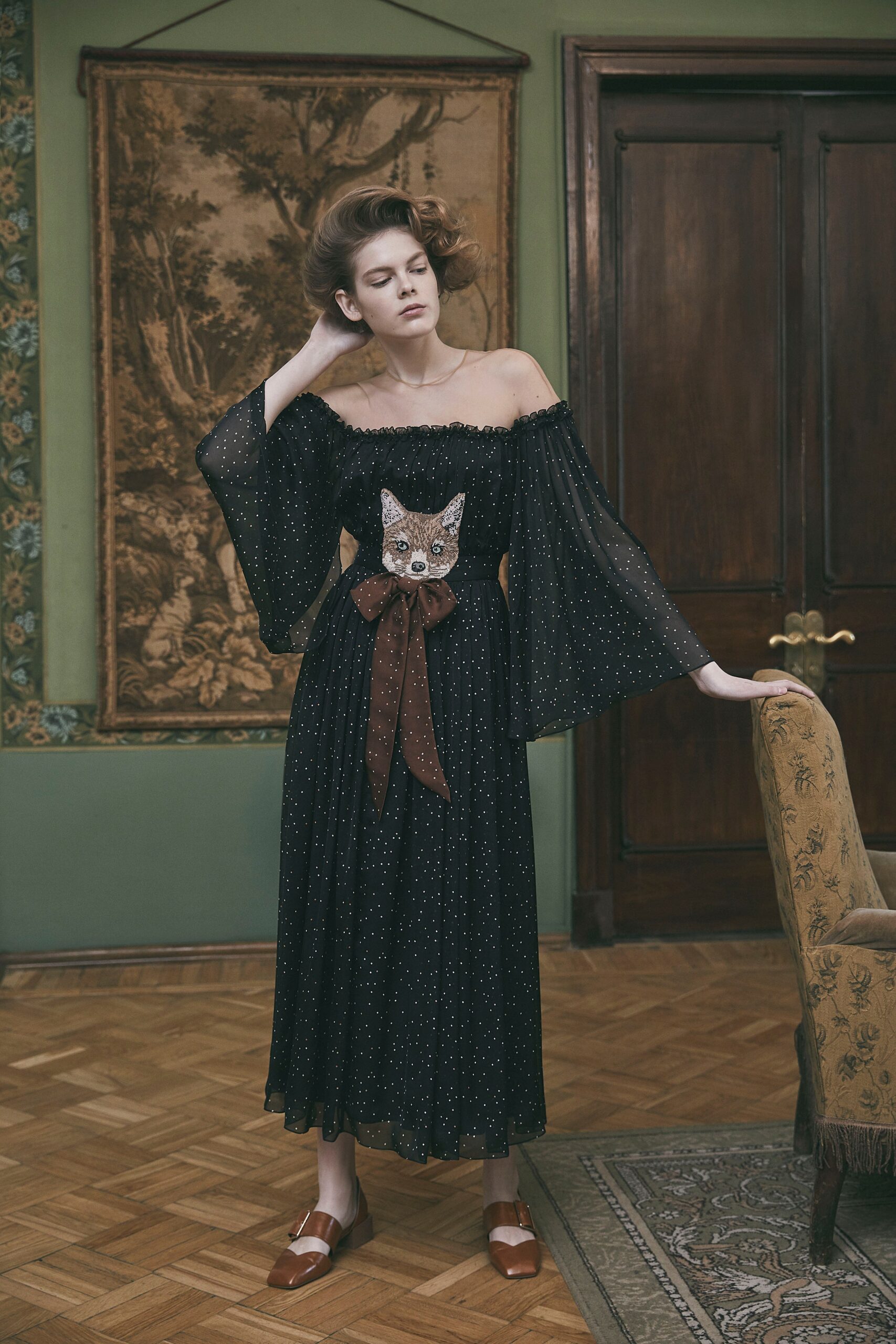 black off-shoulder midi dress