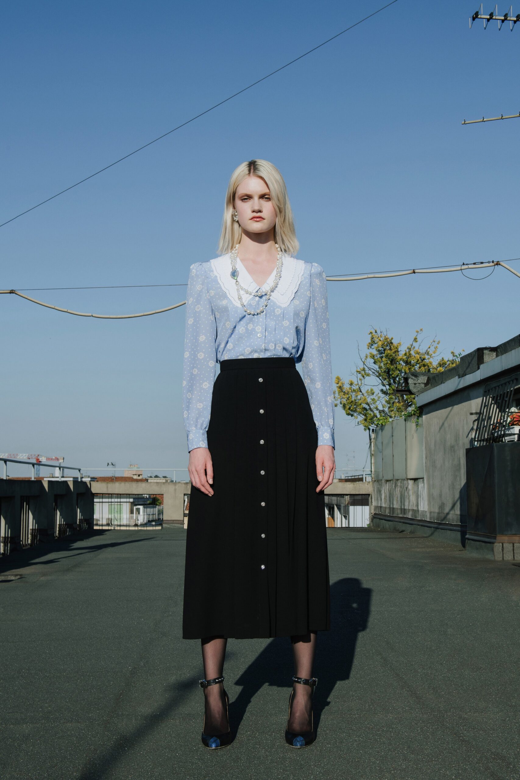 blue cotton long-sleeve collared fitted embroidered blouse