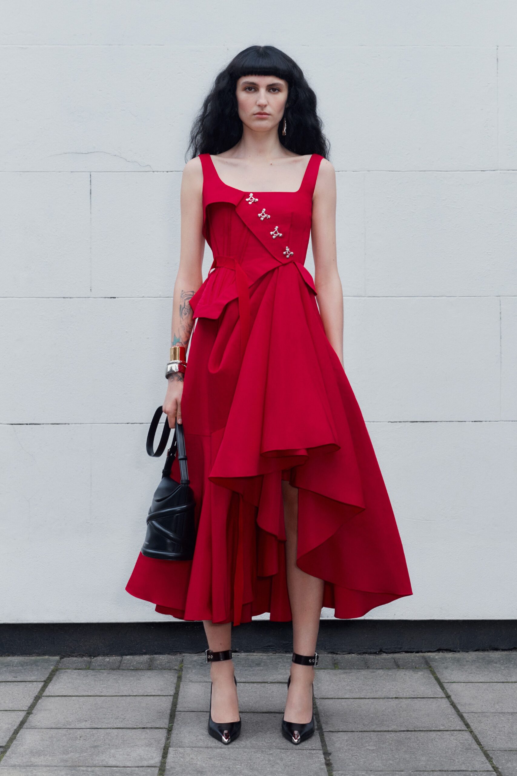 red asymmetric midi dress