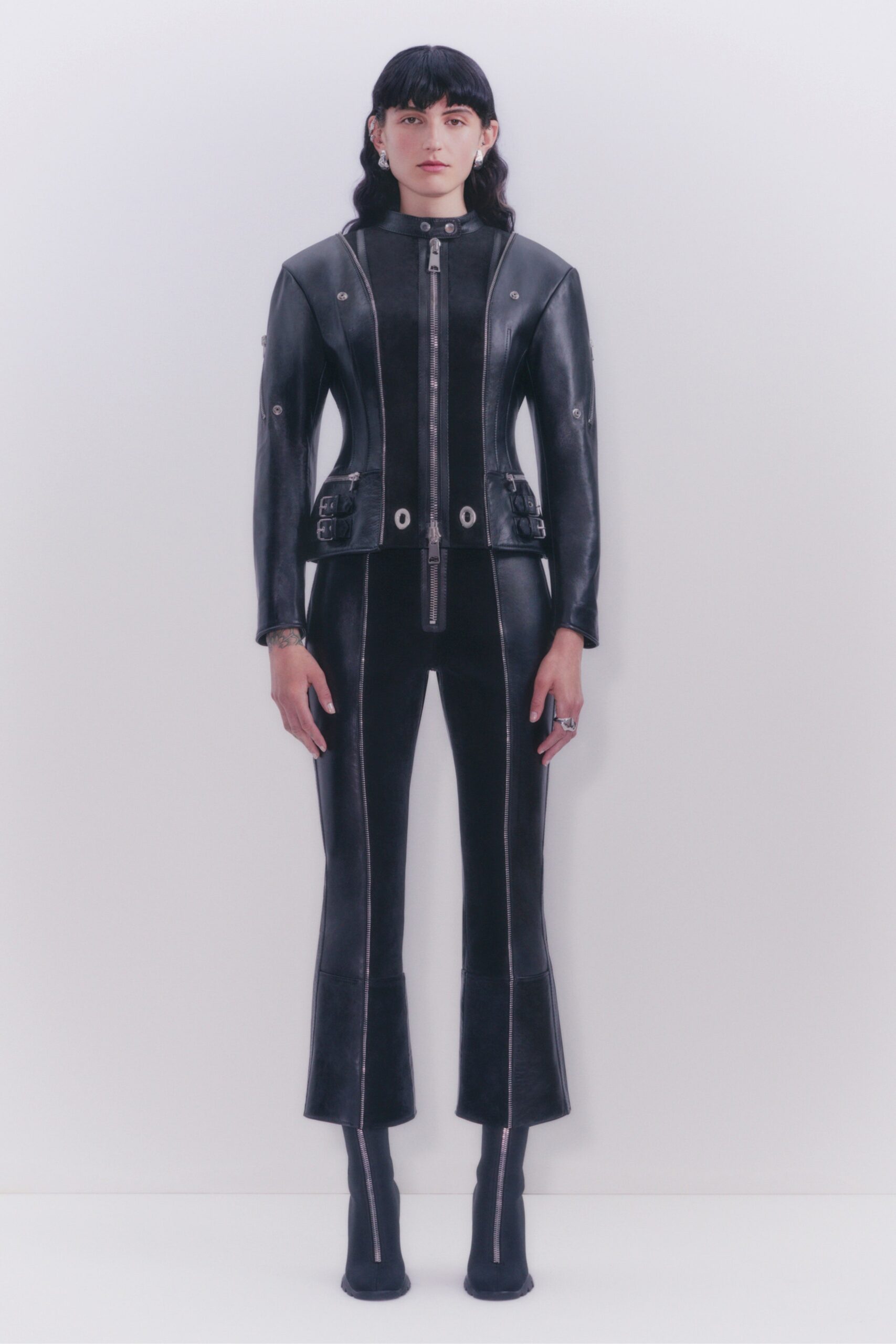black leather fitted jacket and pants