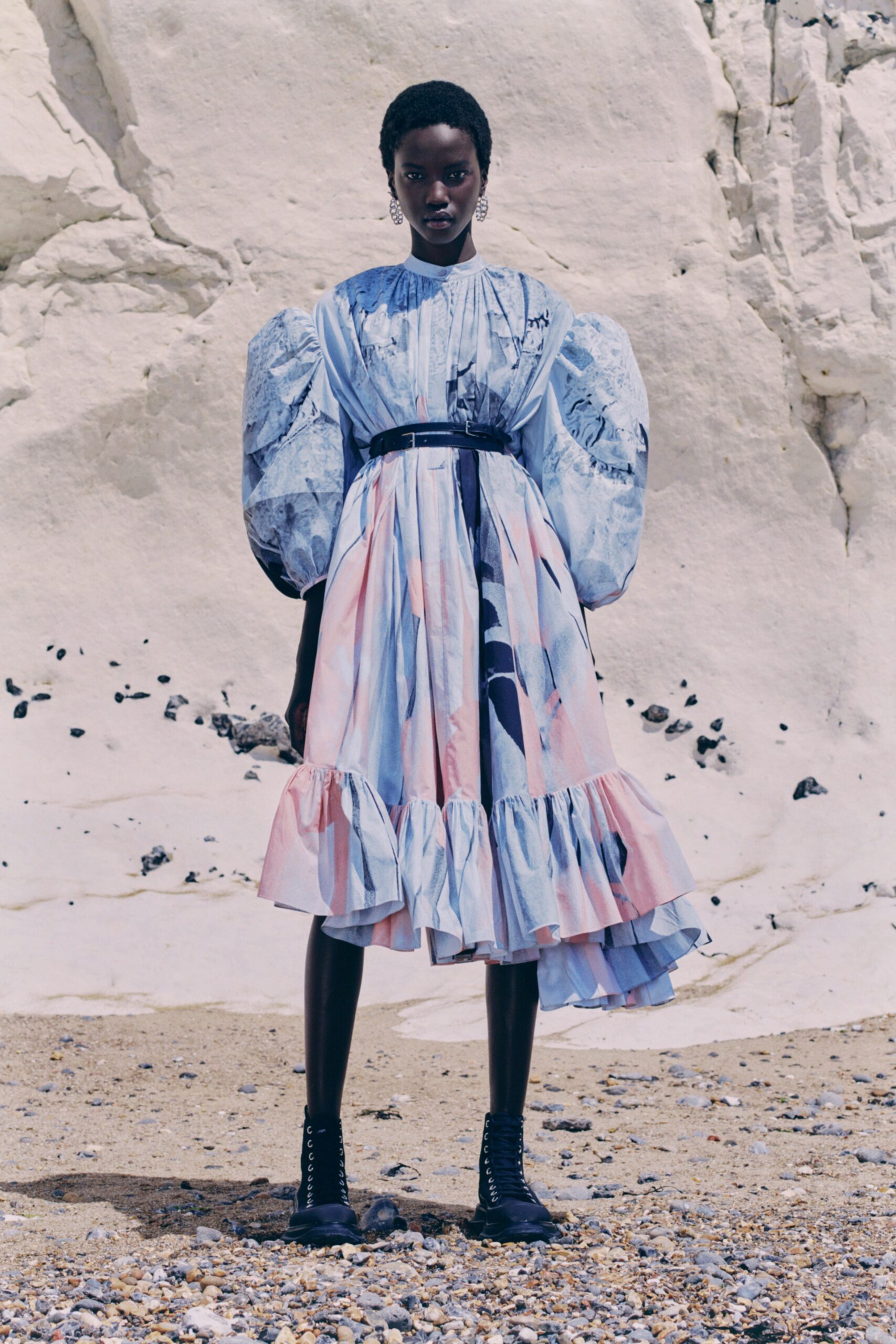 blue and pink tiered midi dress