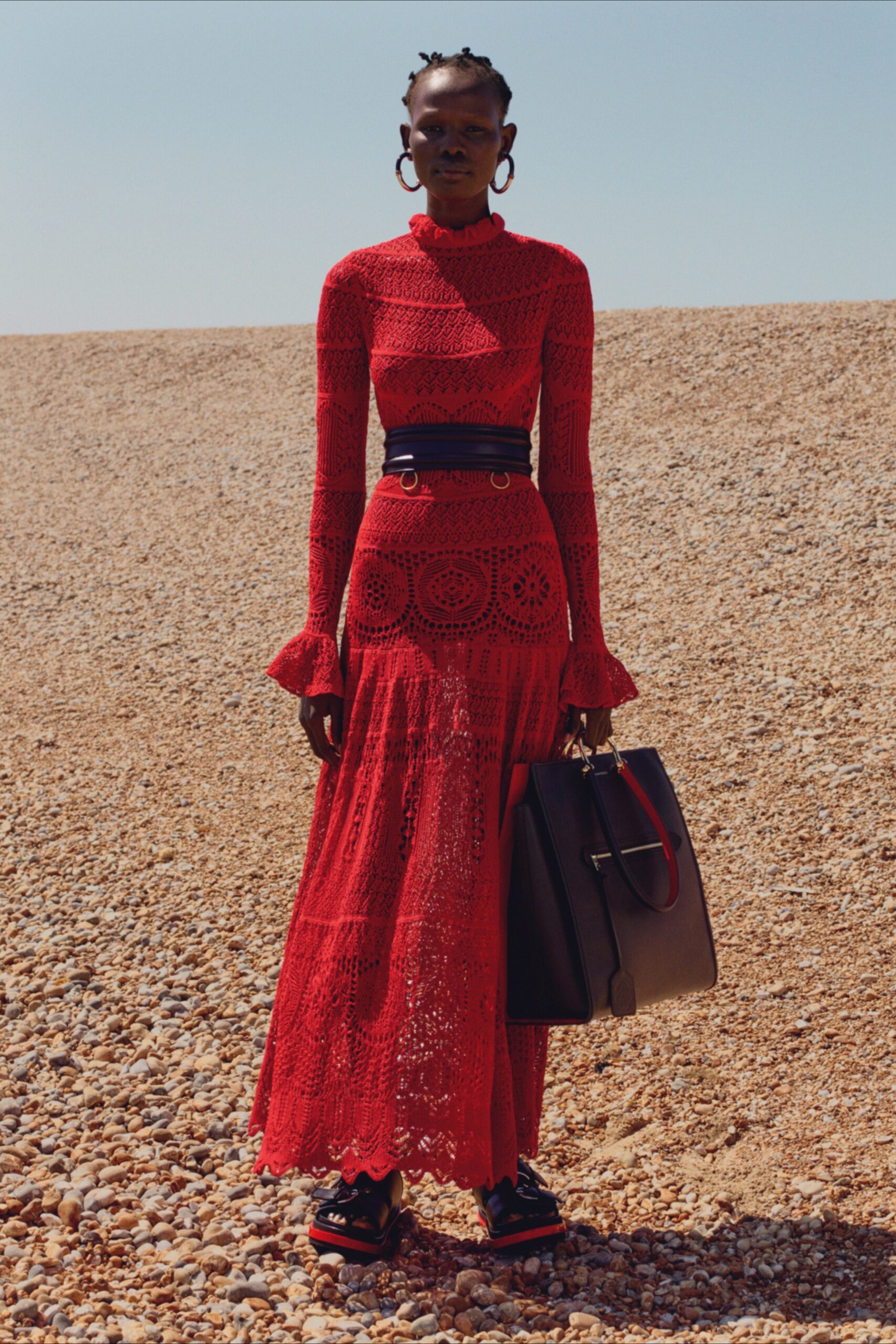 red lace long-sleeve high-neck fitted tiered embroidered dress