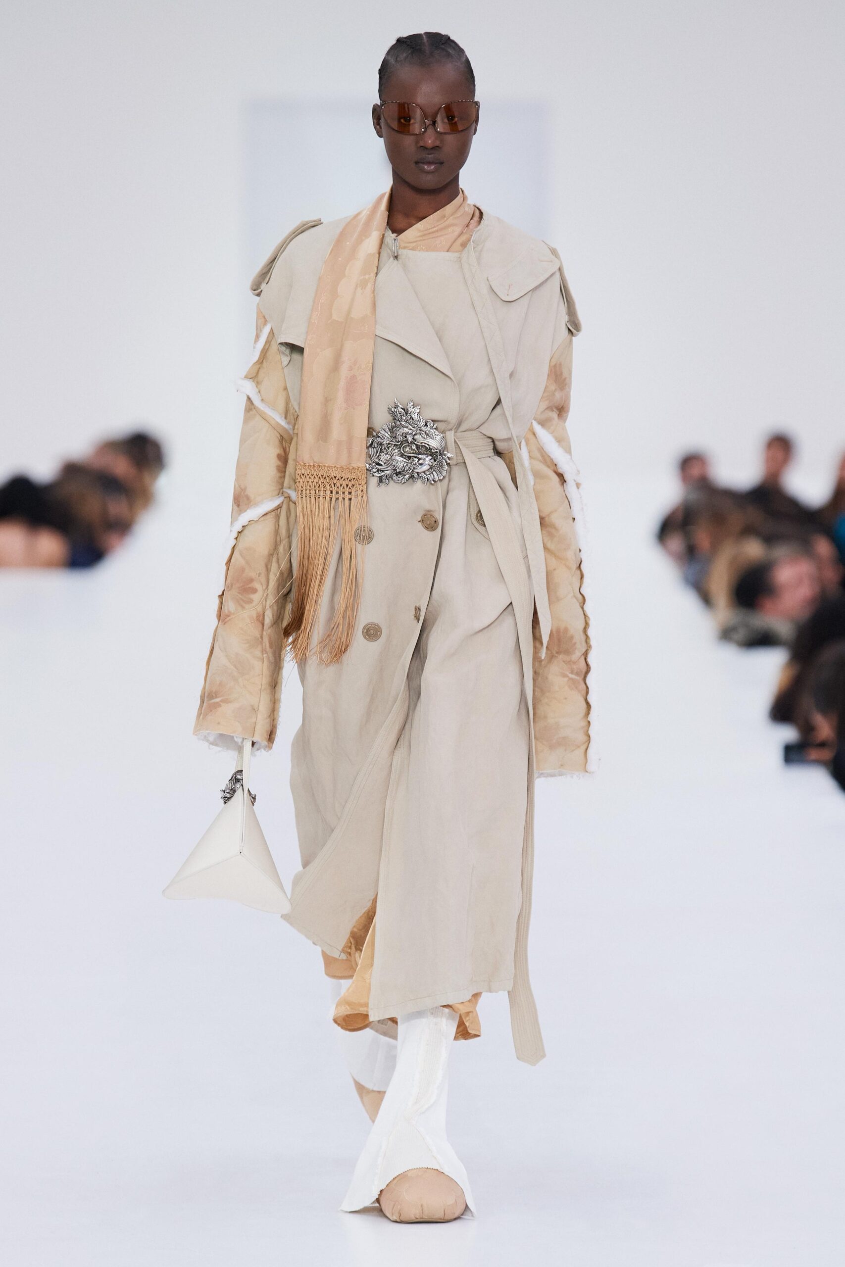 beige cotton long-sleeve collared relaxed belted layered coat