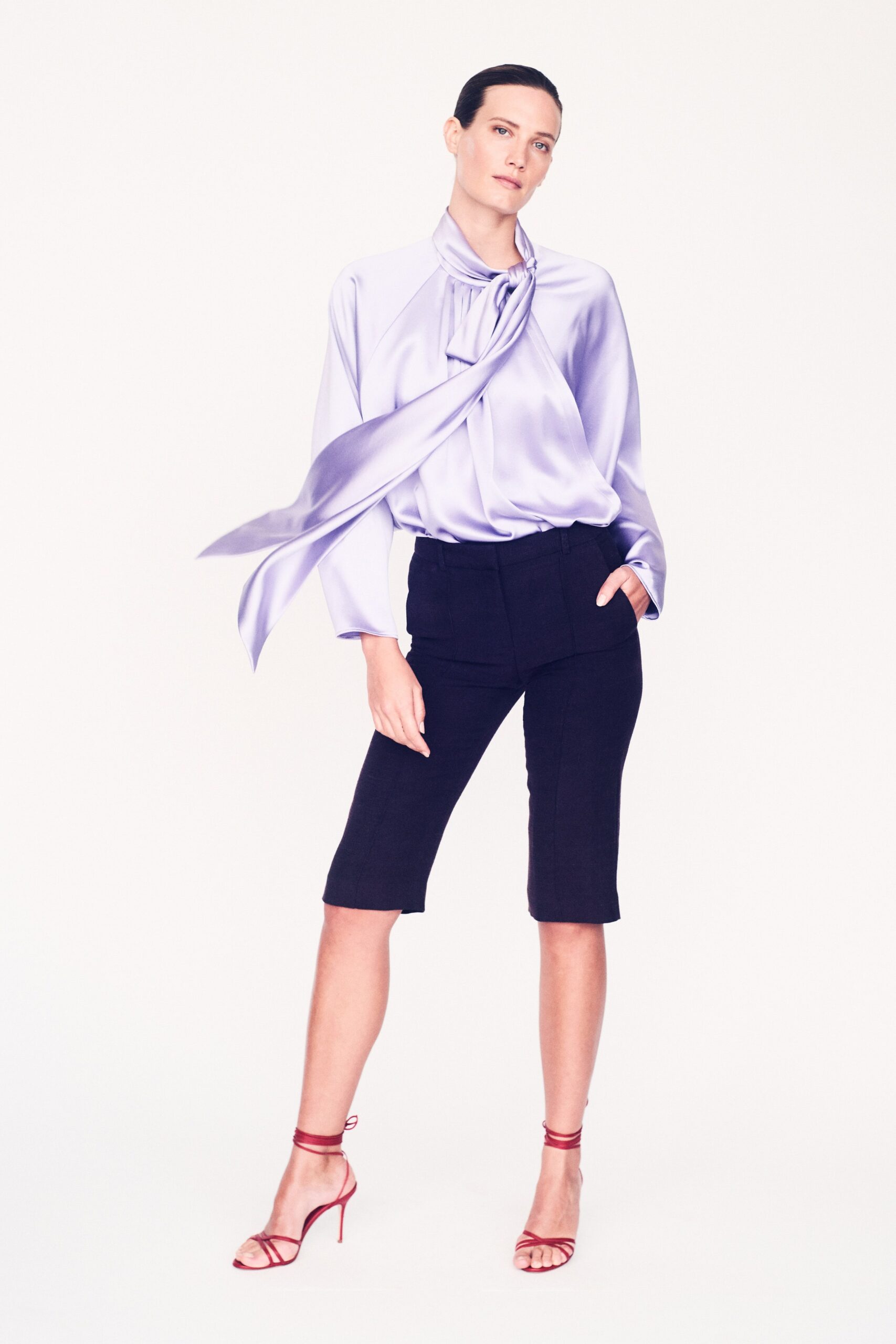 lavender silk long-sleeve collared relaxed draped blouse