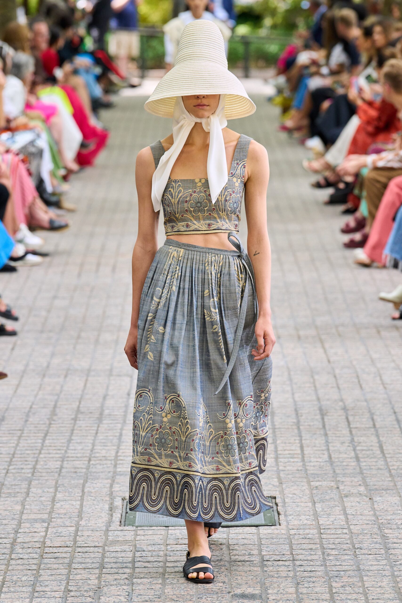 blue cotton sleeveless square-neck fitted embroidered tiered dress