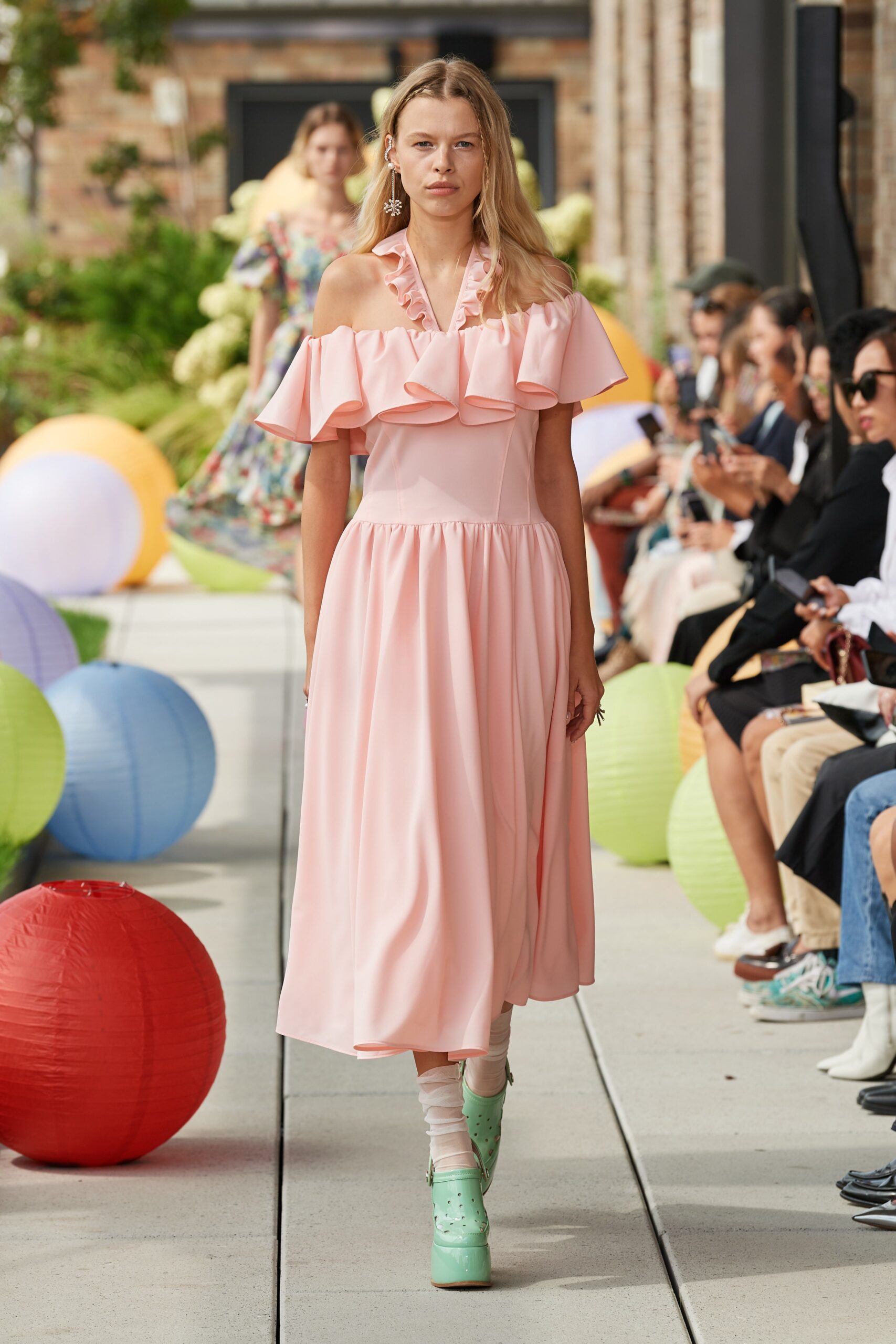pink silk off-shoulder dress