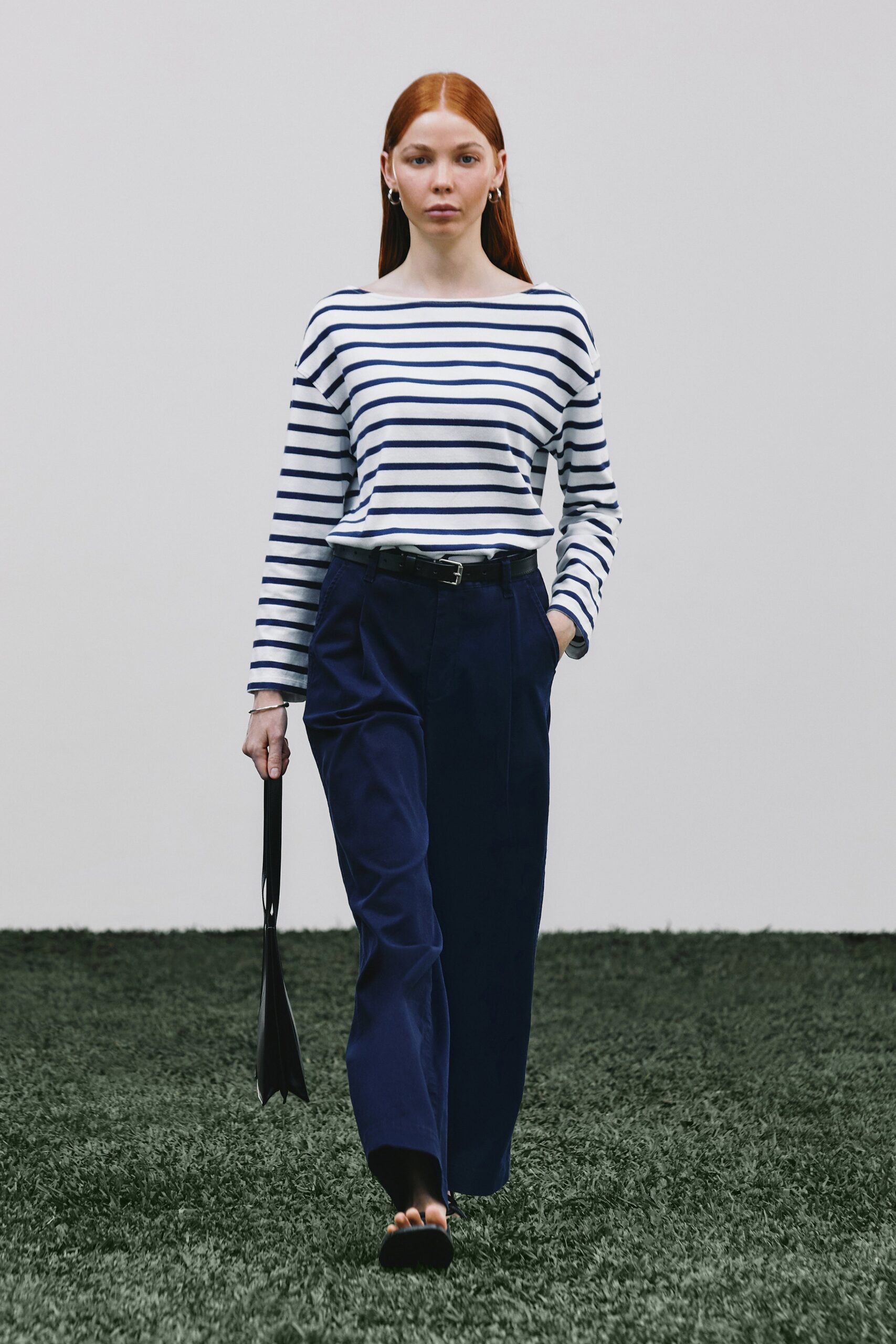 striped top with tailored pants