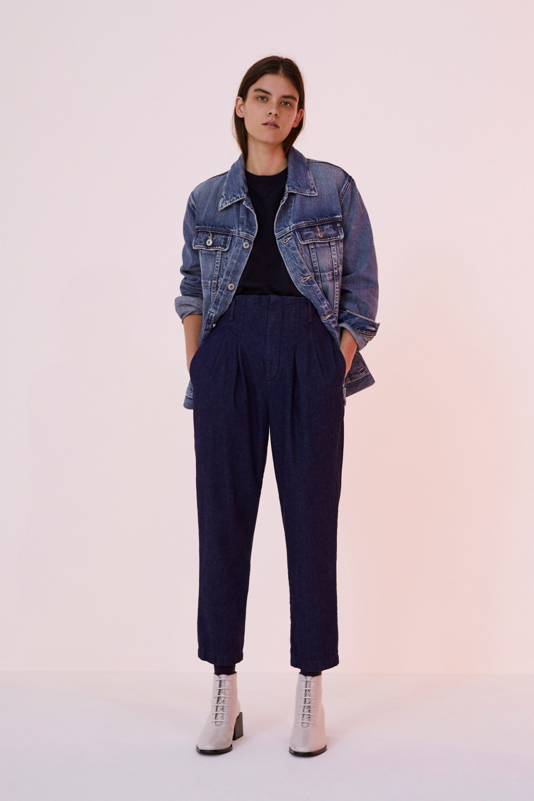 denim jacket with black t-shirt and tailored pants