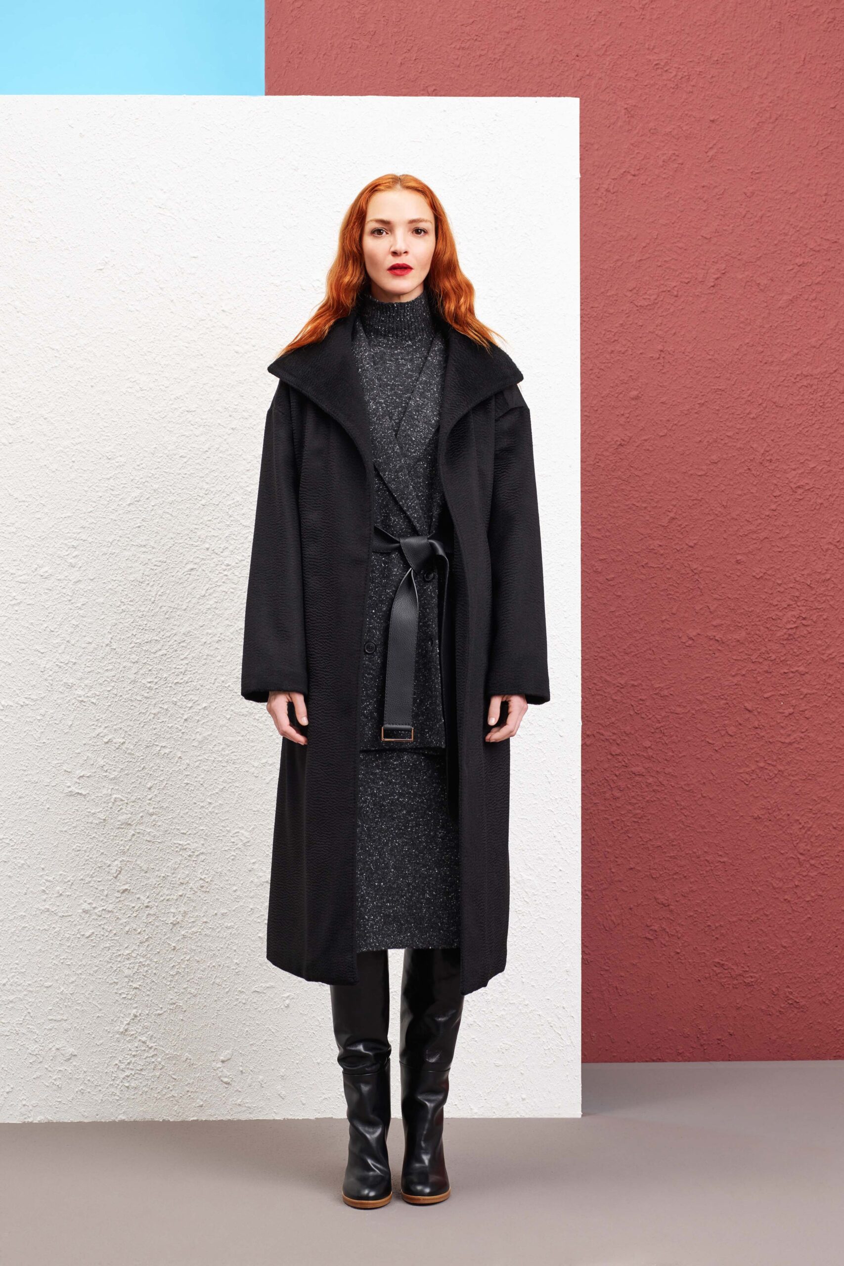 black wool coat gray knit dress