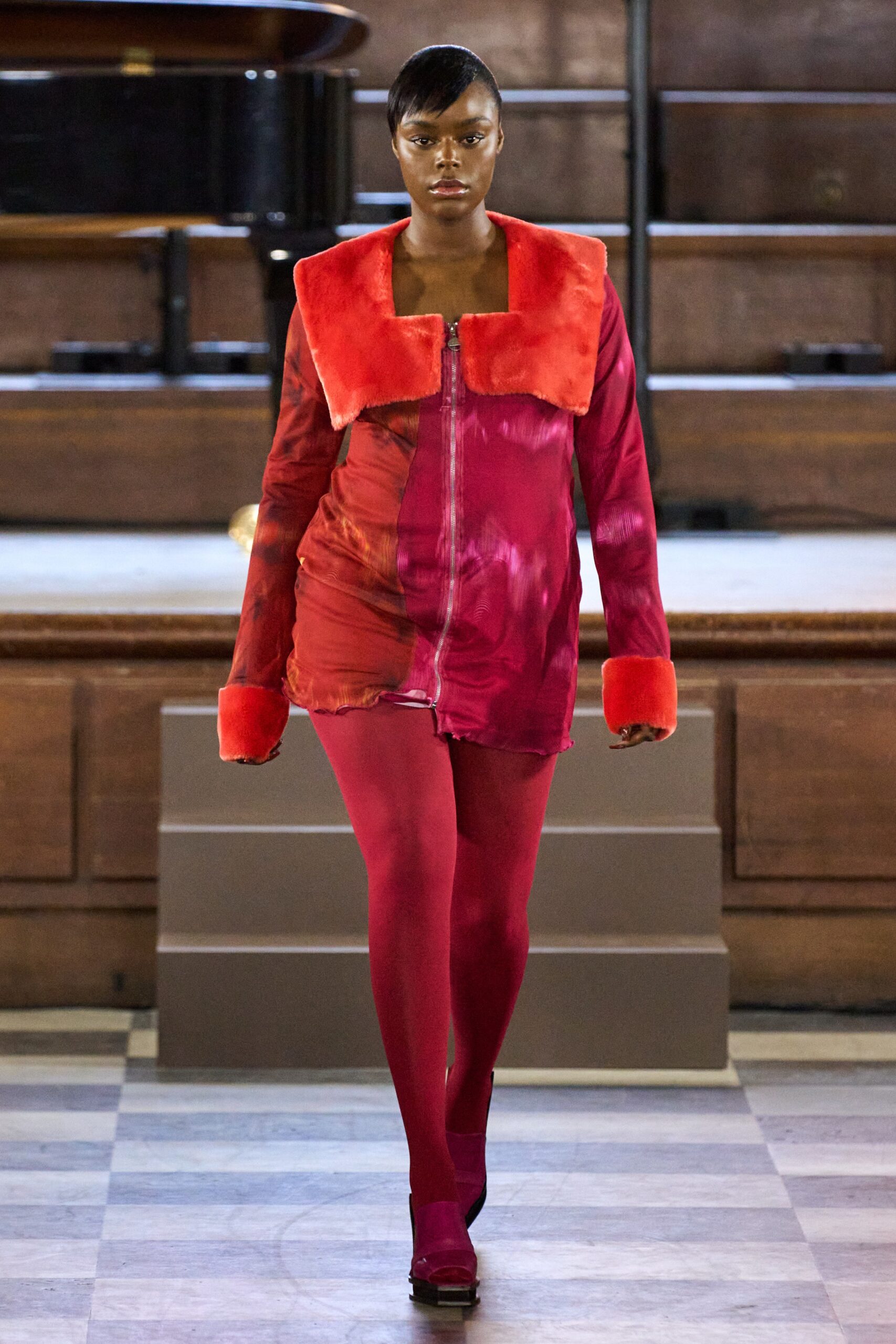 red silk long-sleeve collared fitted zippered coat